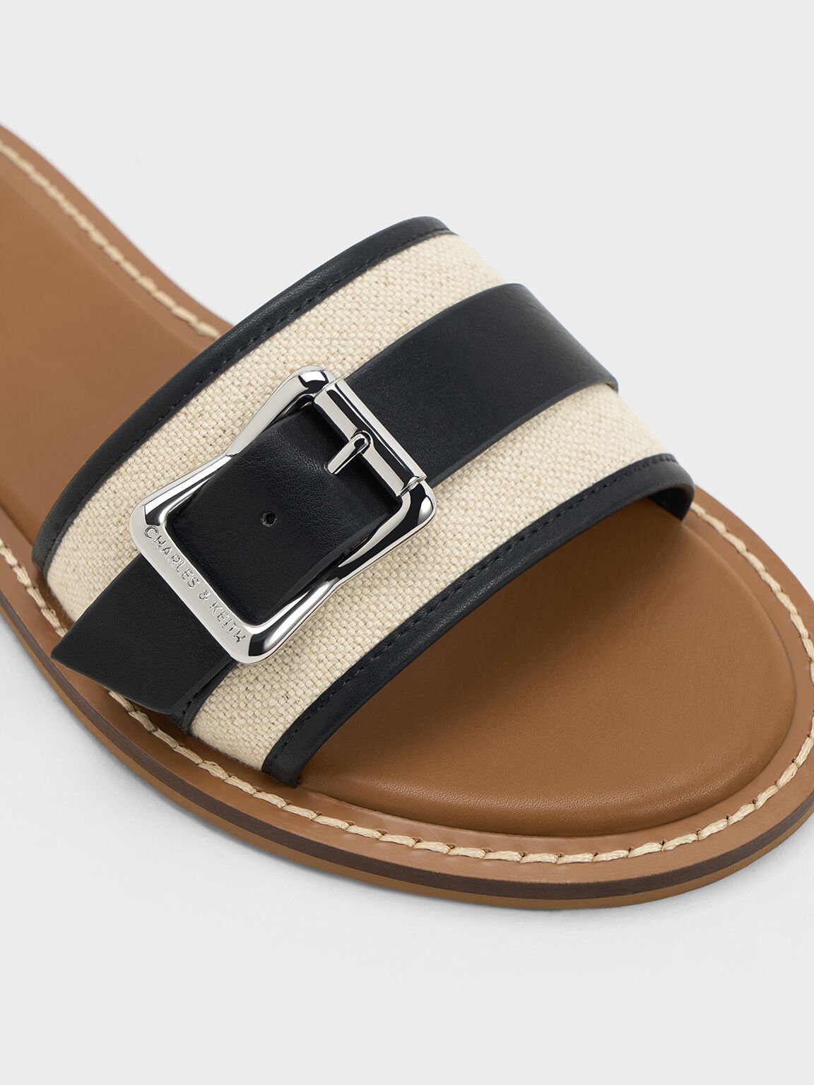 Linen Buckled Slide Sandals, Chalk, hi-res