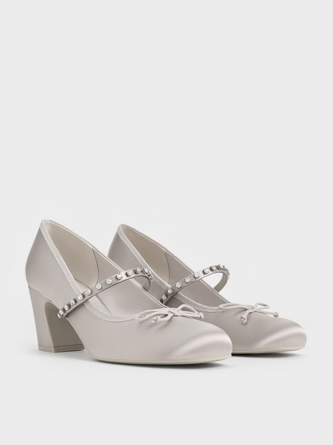 Satin Gem-Embellished Bow Mary Jane Pumps, Light Grey, hi-res