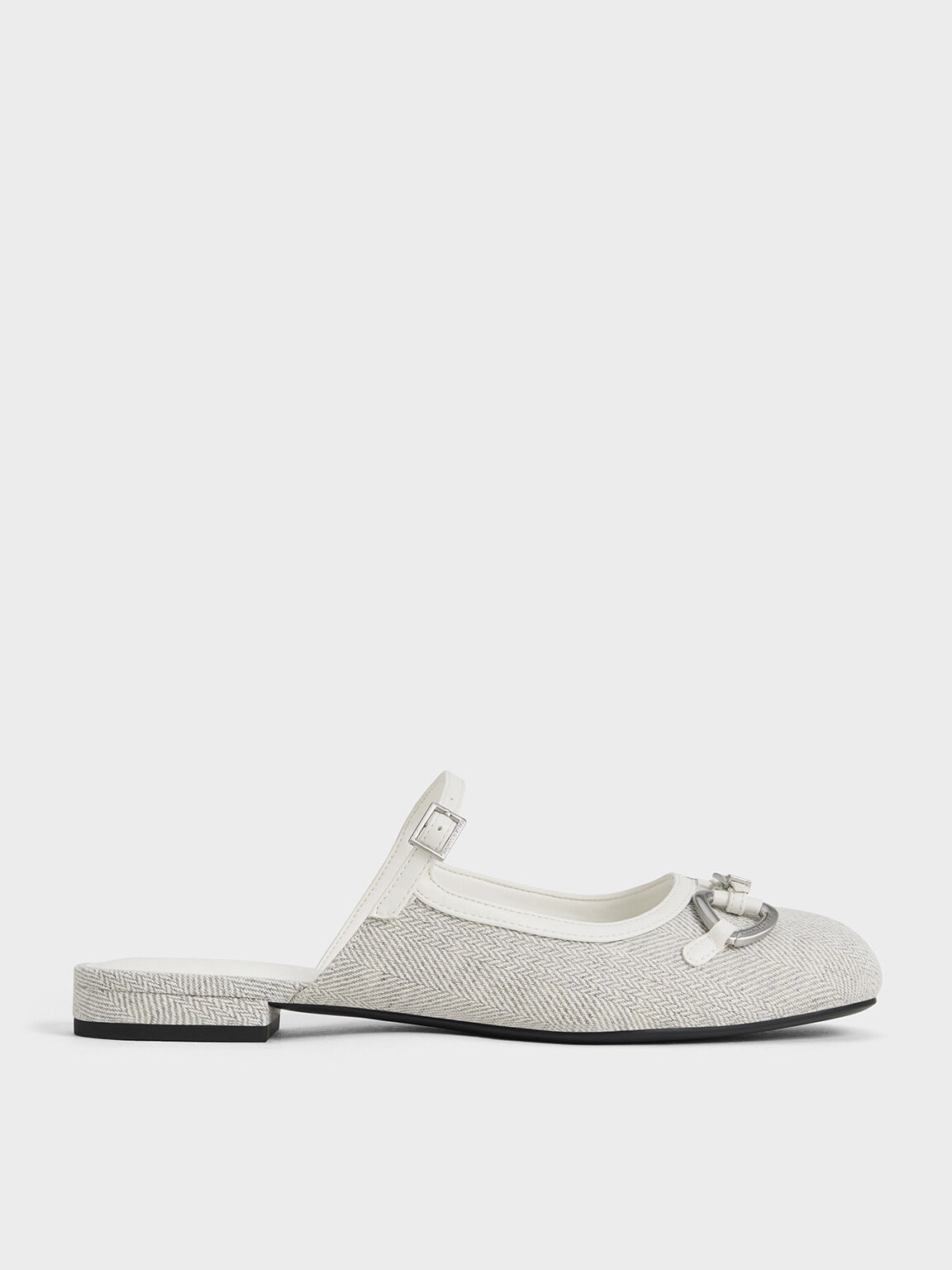 Woven Fabric Metallic-Accent Flat Mules, Light Grey, hi-res