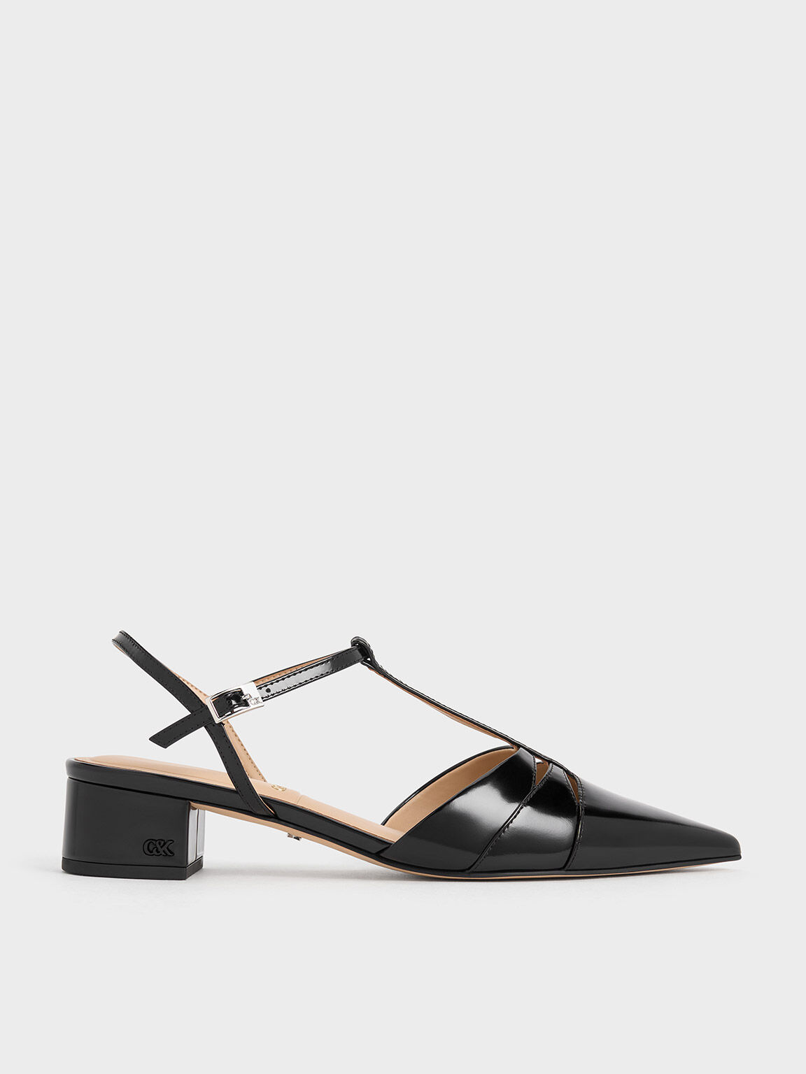 Leather T-Bar Block-Heel Pumps, Black Box, hi-res