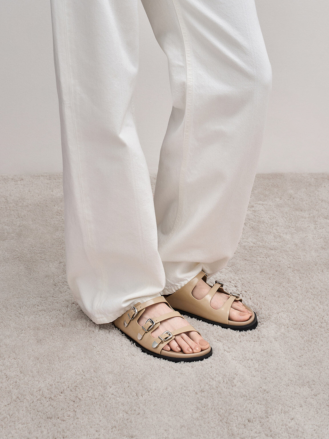 Buckled Triple-Strap Sandals, Sand, hi-res