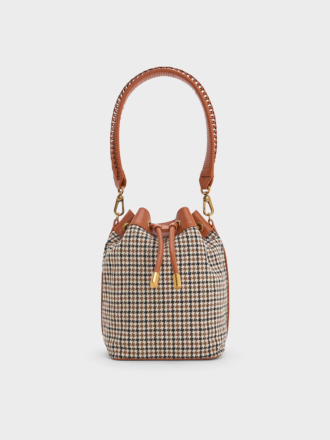 Checkered Drawstring Bucket Bag, Cognac, hi-res