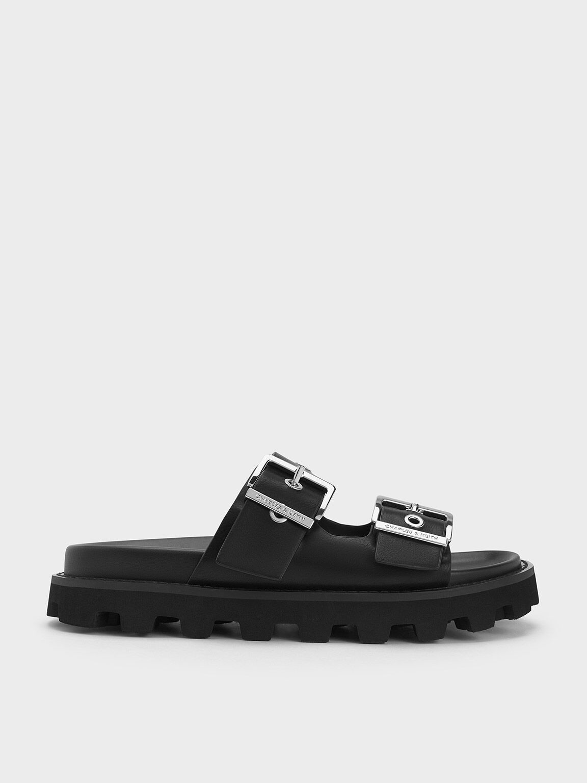 Black Trill Grommet Double-Strap Sandals - CHARLES & KEITH SG