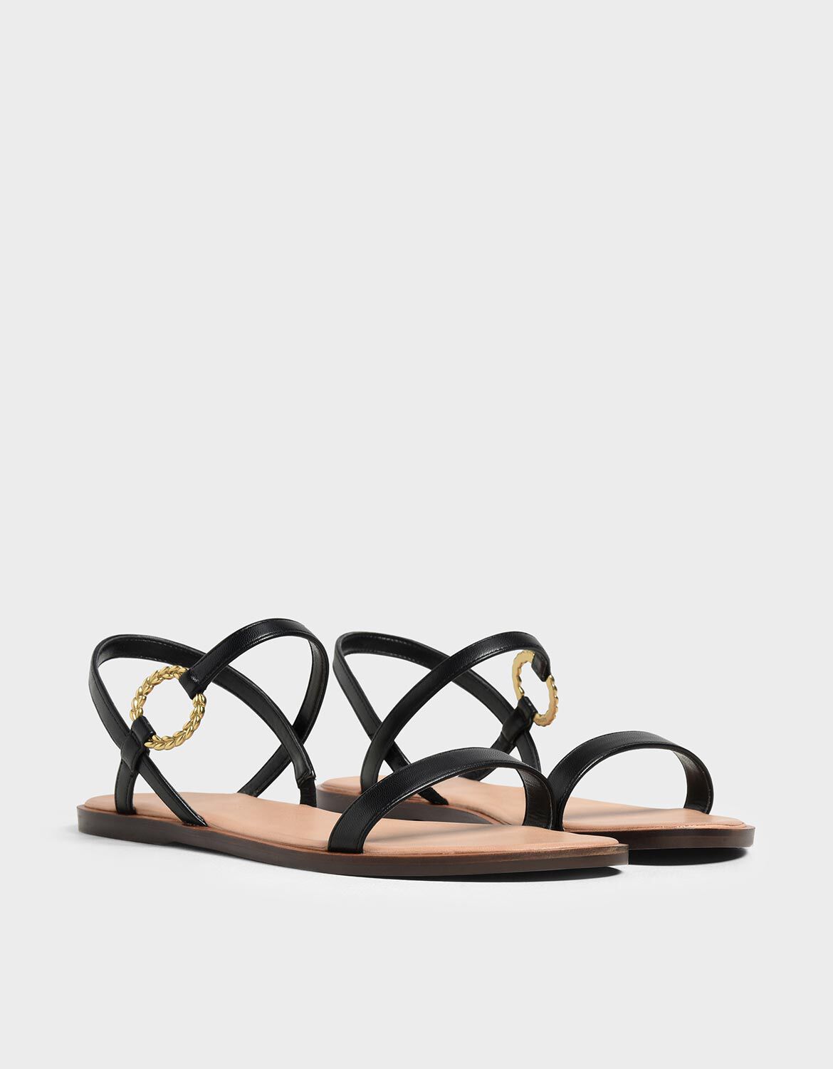 Black Gold Buckle Detail Sandals - CHARLES & KEITH SG