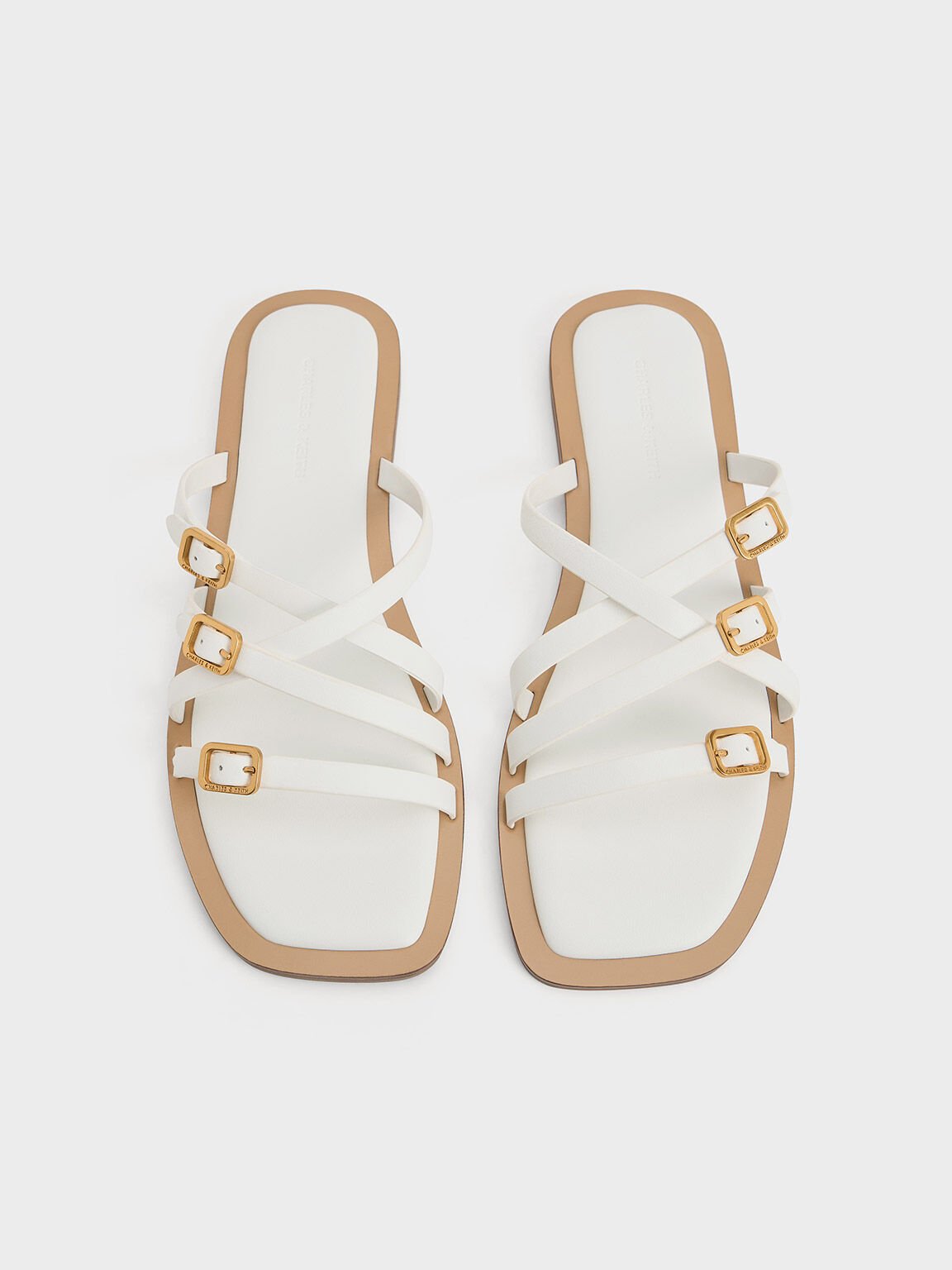 Strappy Buckled Slide Sandals, White, hi-res