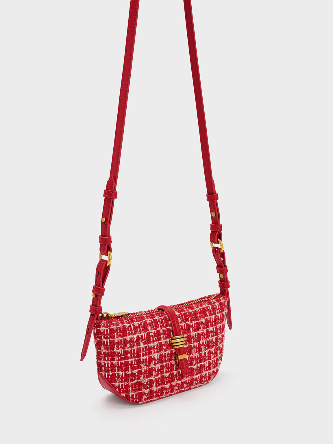 Red Trudy Tweed Belted Geometric Bag - CHARLES & KEITH US