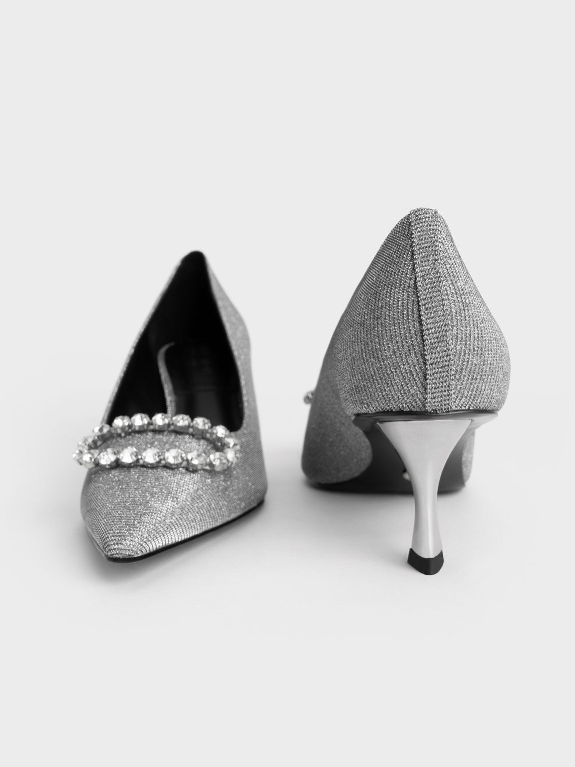 Gem-Embellished Glittered Pumps, Pewter, hi-res