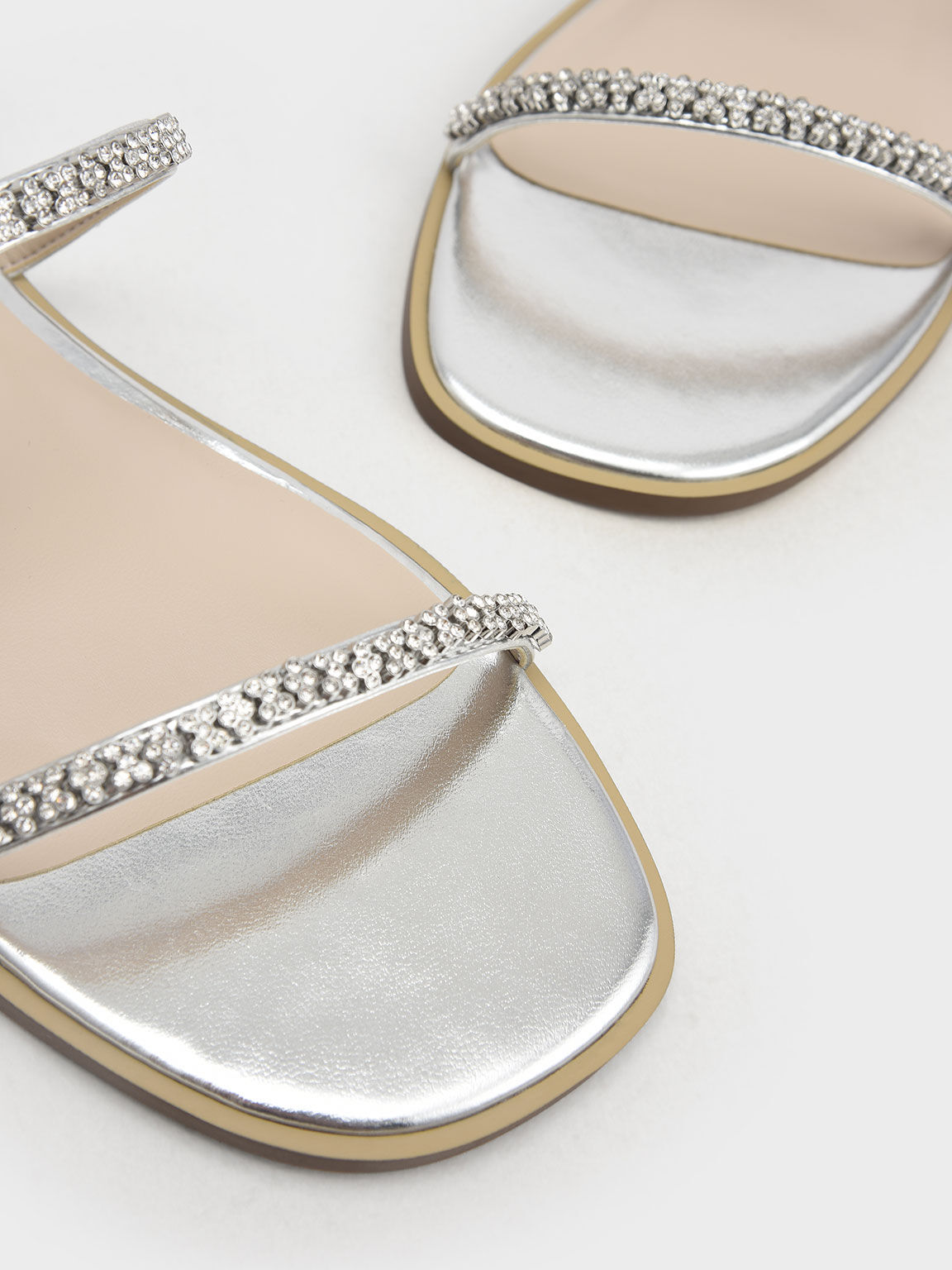 Silver Gem-Encrusted Strappy Slide Sandals - CHARLES & KEITH NZ