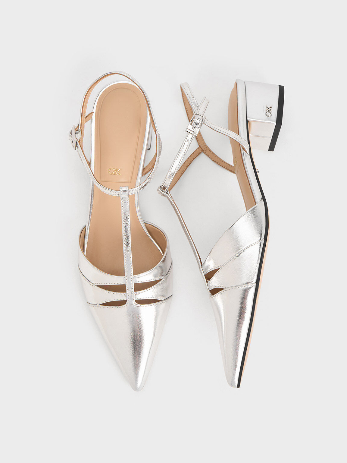 Metallic Leather T-Bar Block-Heel Pumps, Silver, hi-res