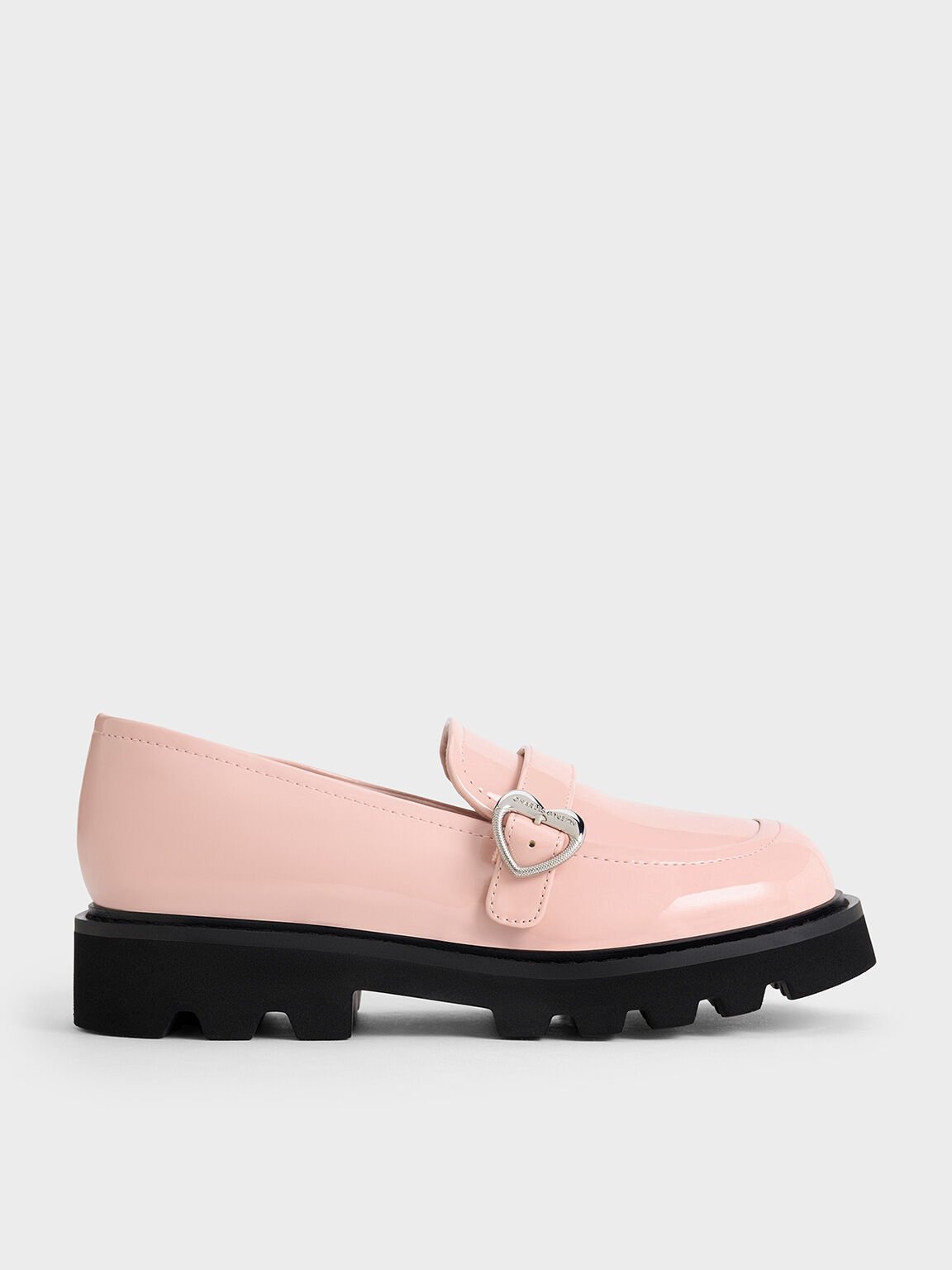 Girls' Patent Heart-Buckle Loafers, Pink, hi-res