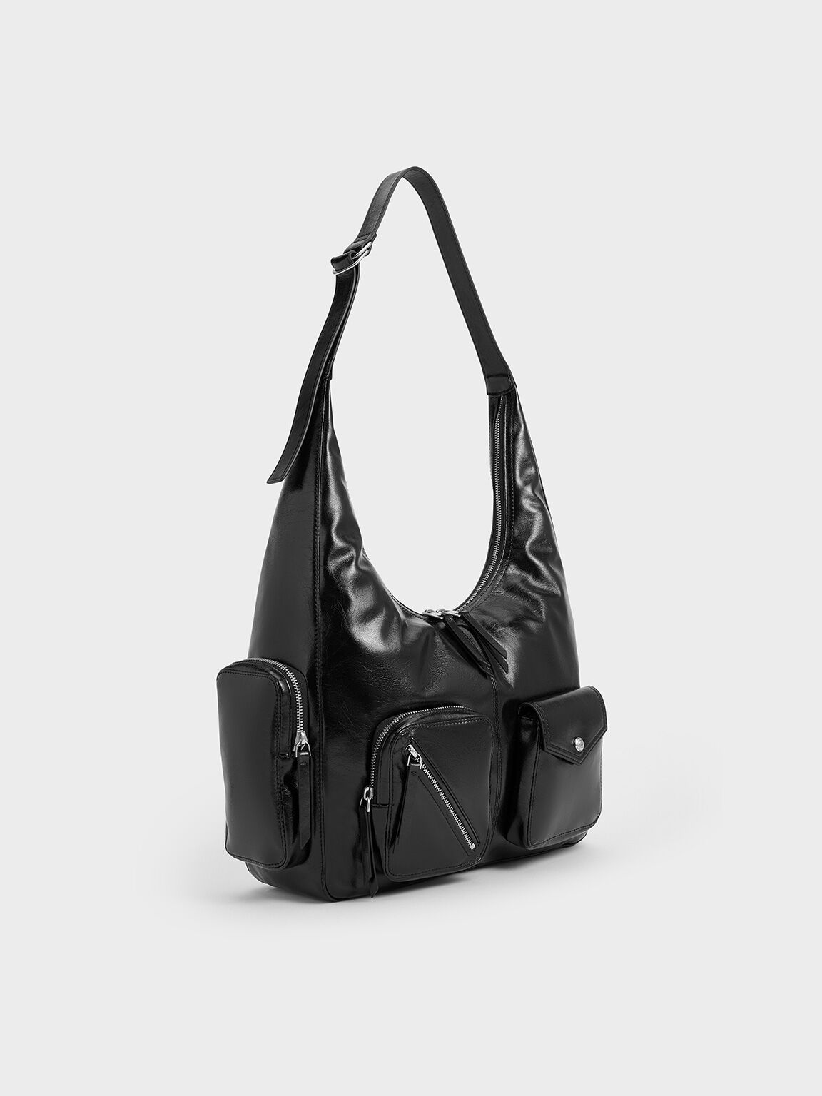 Thora Crinkle-Effect Multi-Pocket Hobo Bag, Noir, hi-res