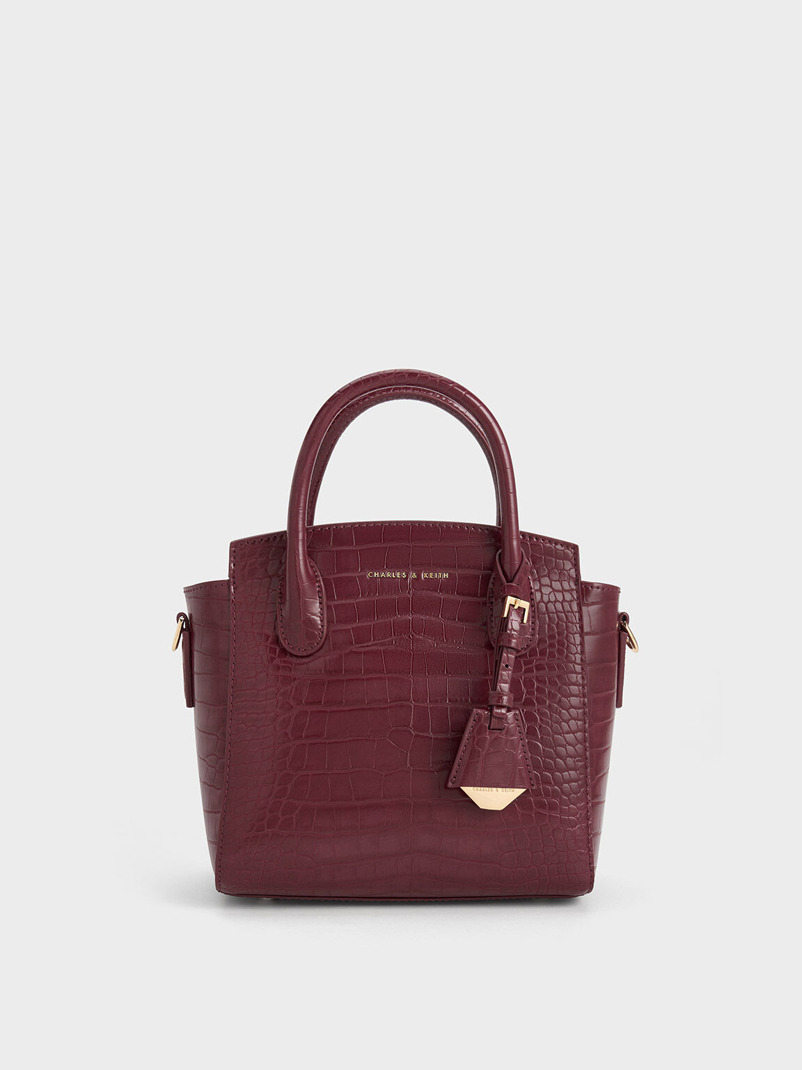 Croc-Effect Trapeze Structured Tote Bag - Burgundy