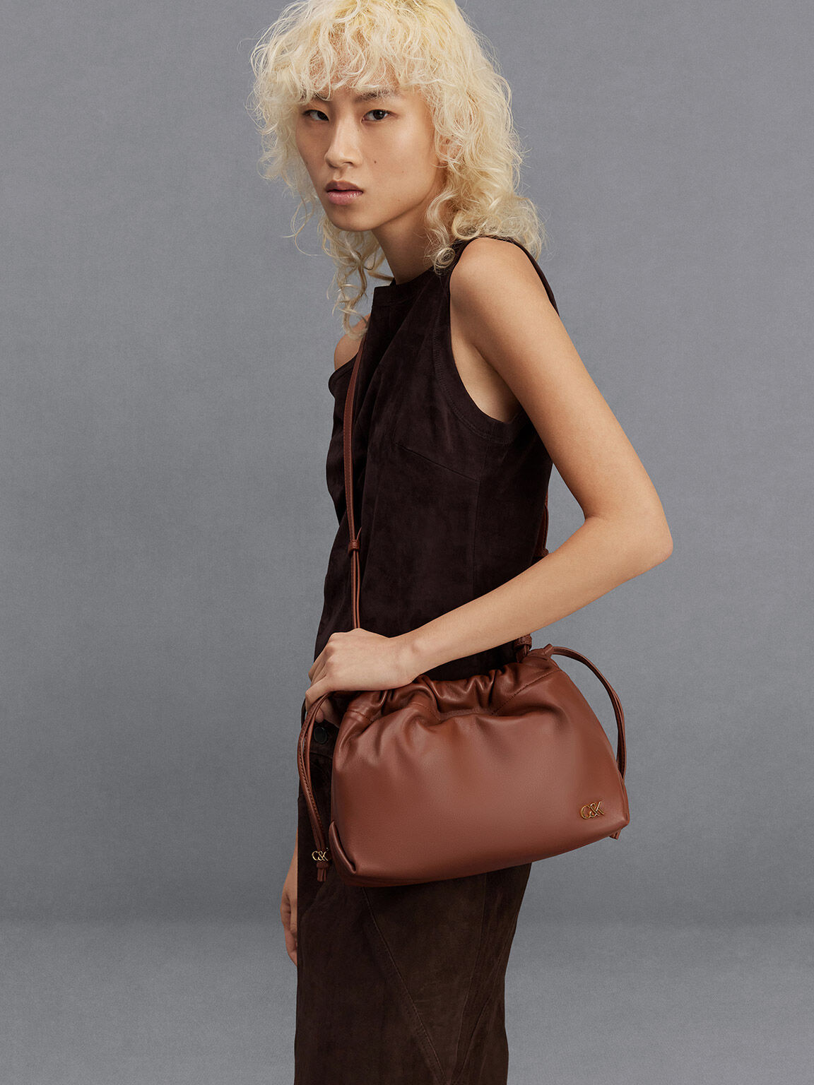 Leather Ruched Drawstring Bag, Cognac, hi-res