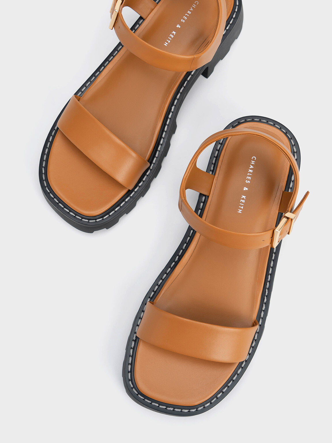 Stitch-Trim Buckled Sandals, Cognac, hi-res