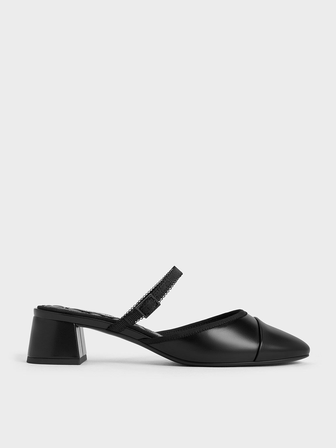 Buckled-Strap Trapeze-Heel Mules, Black, hi-res