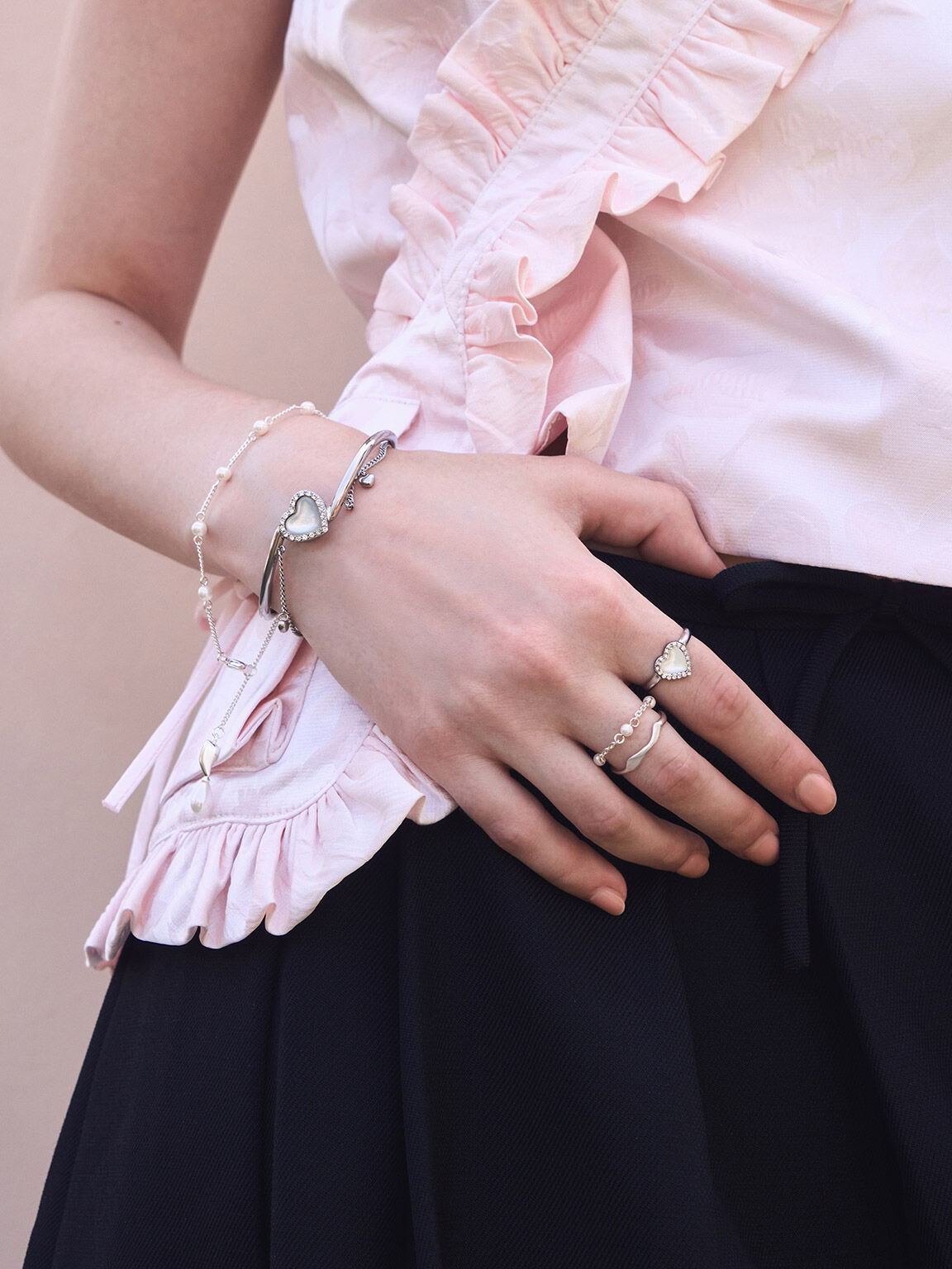 Annalise Crystal Heart-Stone Cuff Bangle, Silver, hi-res