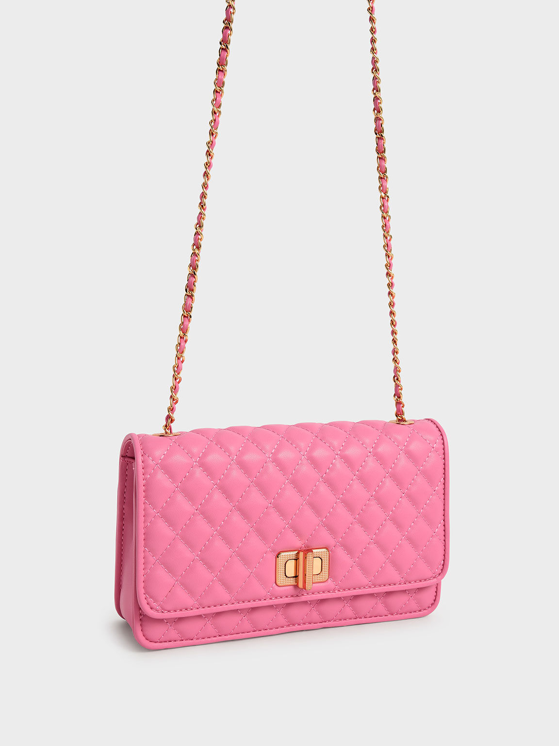 Quilted Turn-Lock Evening Clutch, Pink, hi-res