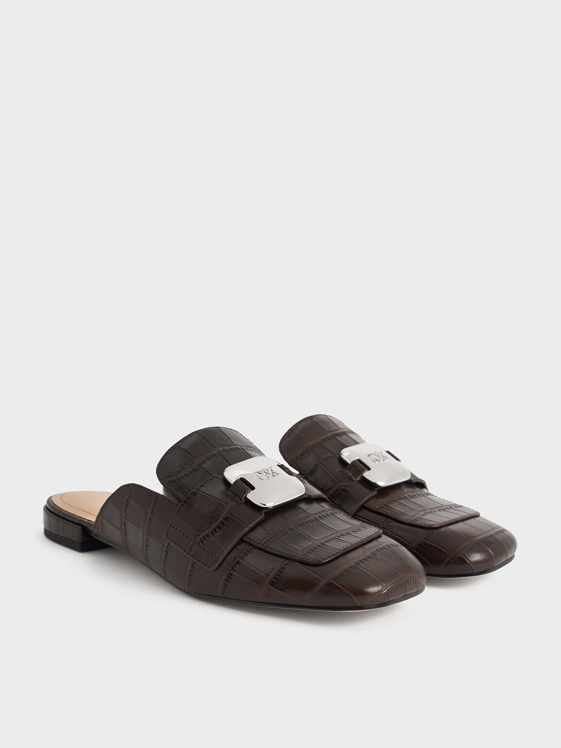 Croc-Effect Leather Metallic-Accent Loafer Mules, Dark Brown, hi-res