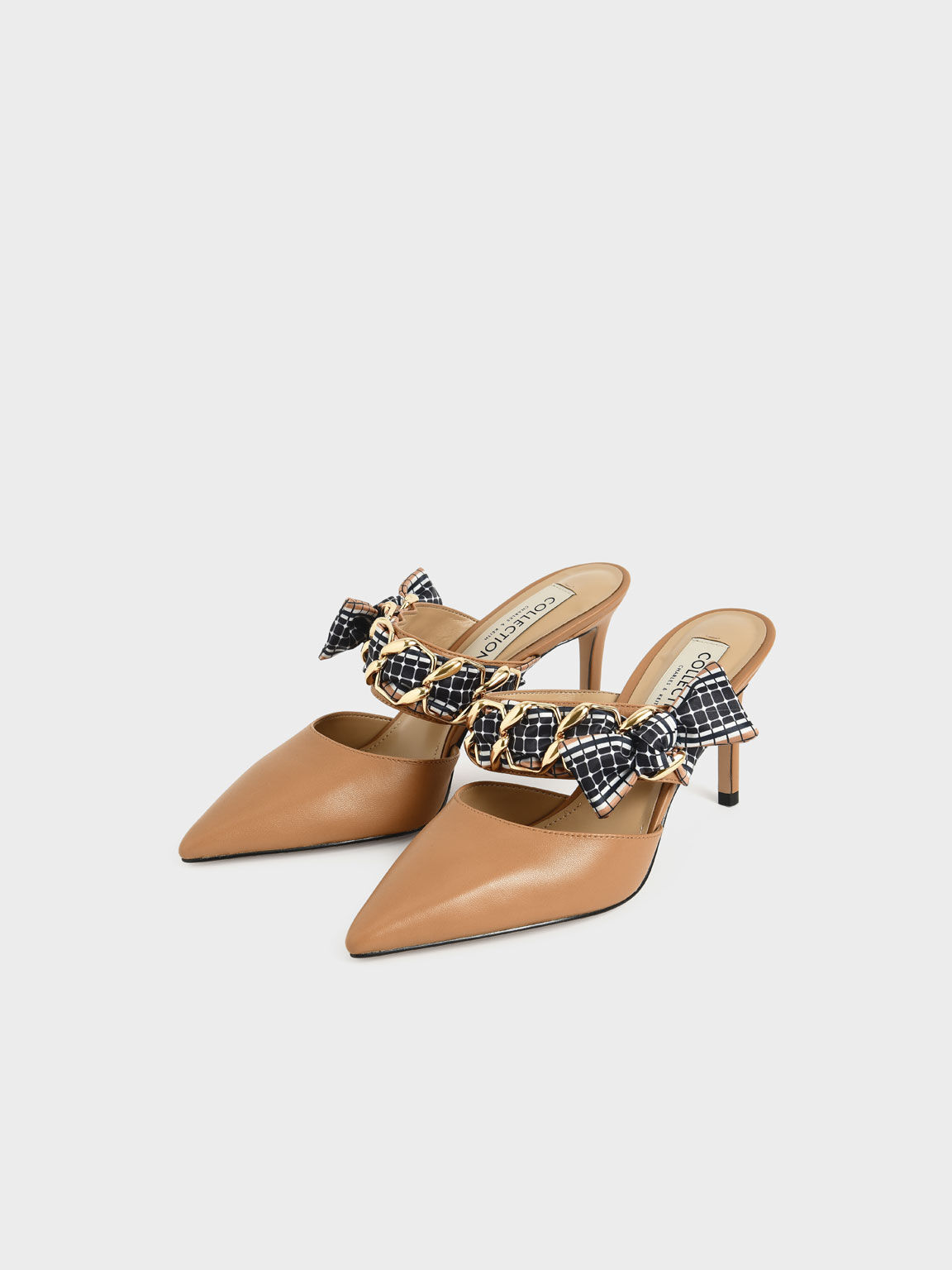 Caramel Printed Fabric Bow Leather Mules - CHARLES & KEITH US