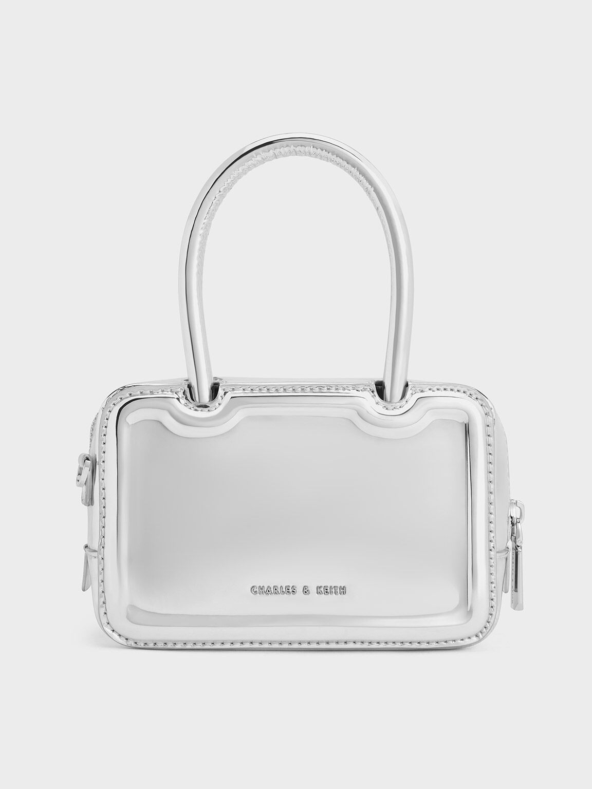 Perline Metallic Elongated Top Handle Bag, Silver, hi-res