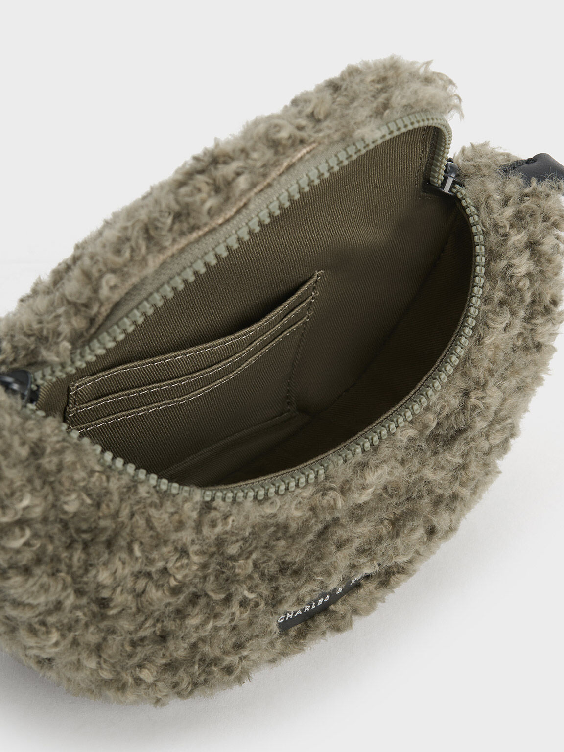 Philomena Furry Half-Moon Crossbody Bag, Khaki, hi-res