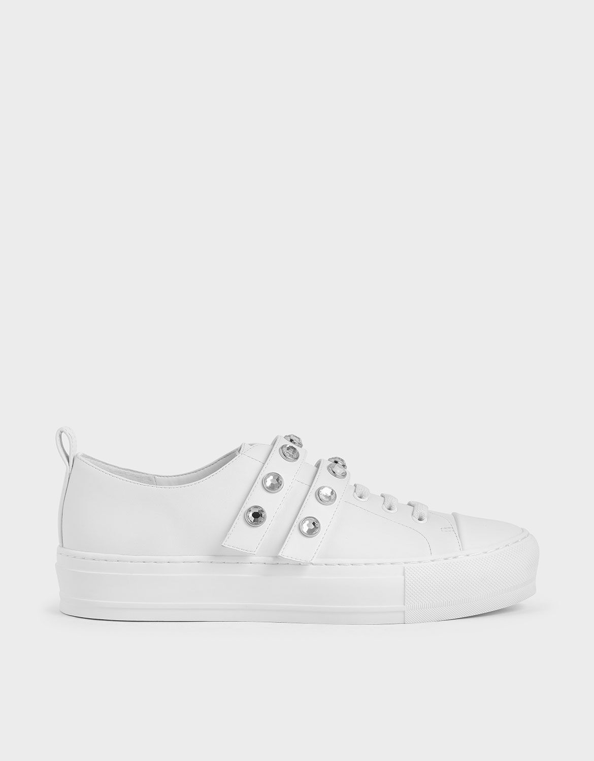 White Gem-Embellished Platform Sneakers 