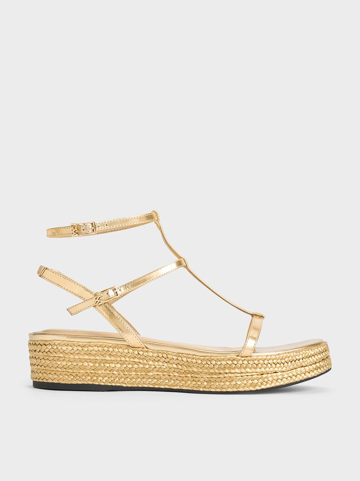 Metallic Leather T-Bar Espadrille Sandals, Gold, hi-res