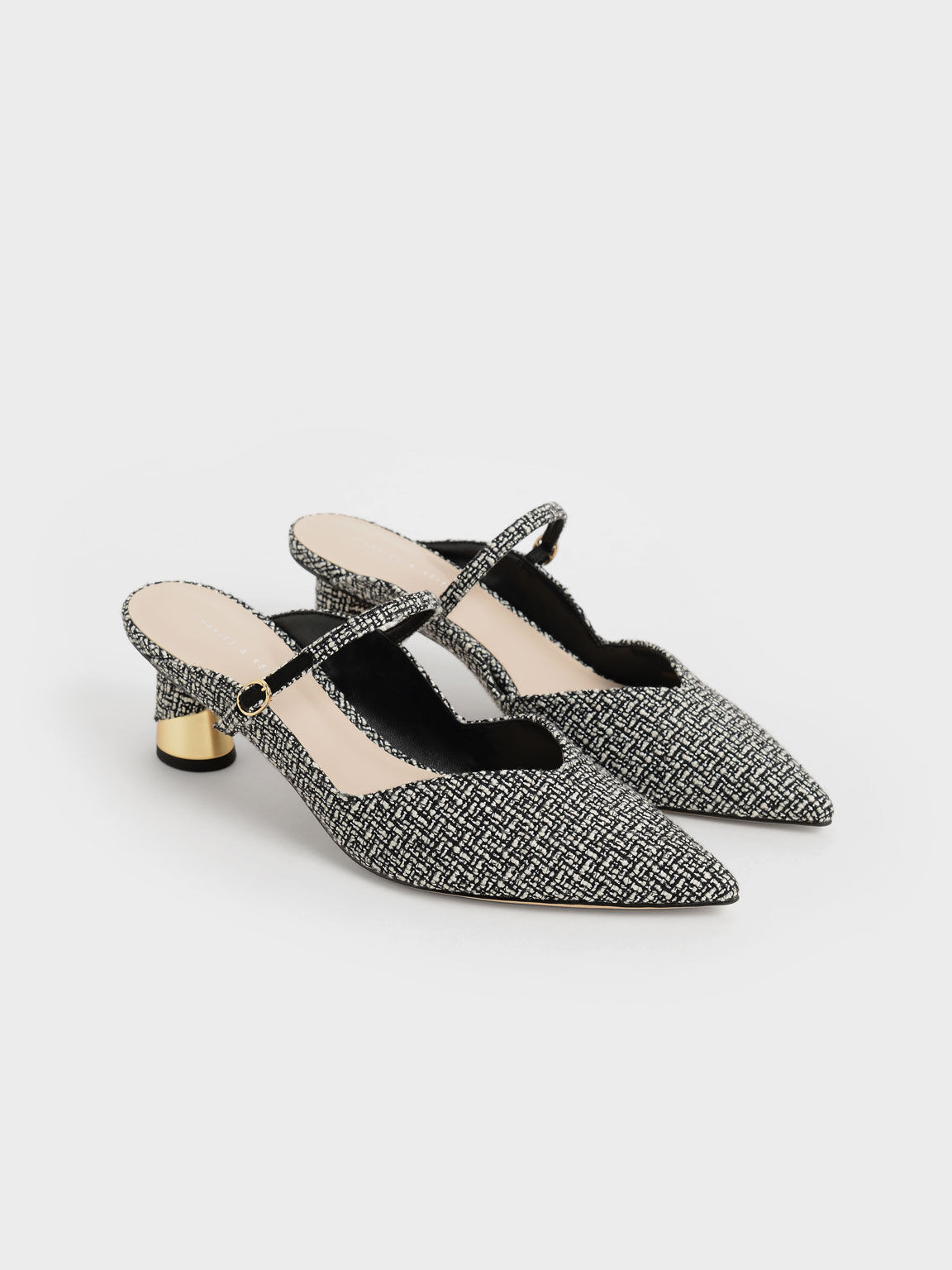 Metallic Sculptural Heel Tweed Mules, Multi, hi-res