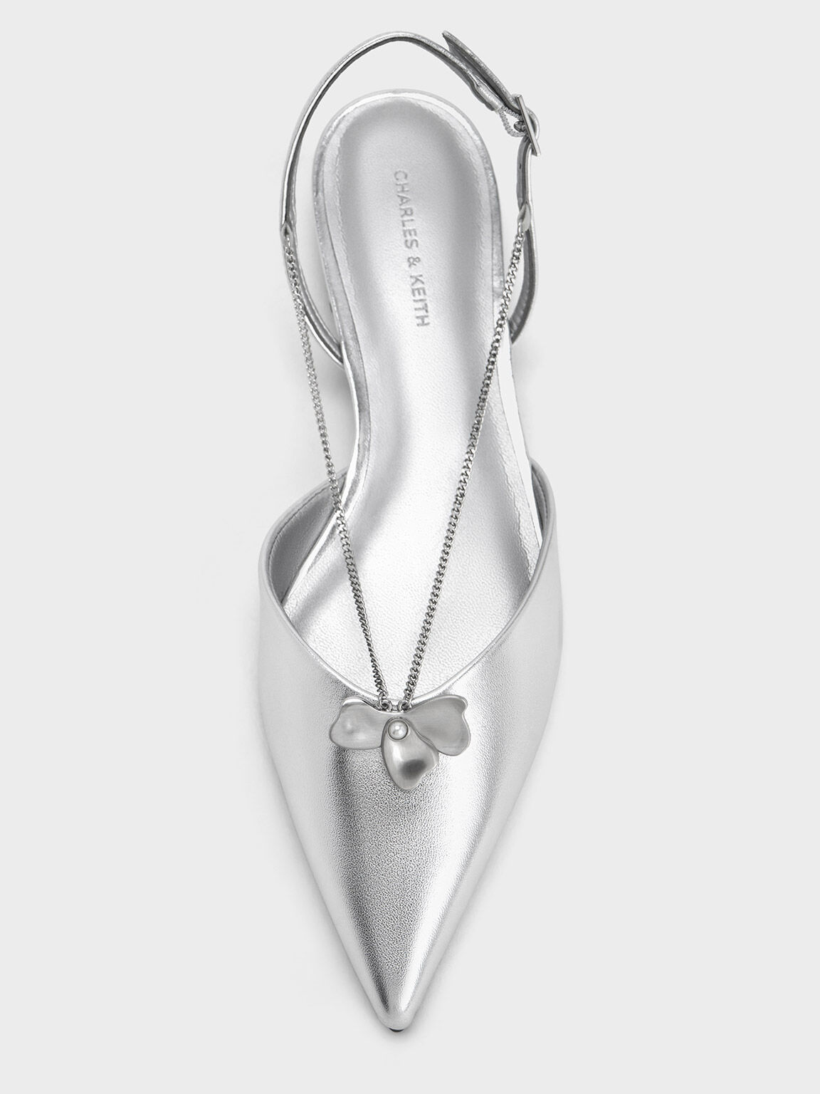 Metallic Flower-Accent Chain-Link Slingback Flats, Silver, hi-res