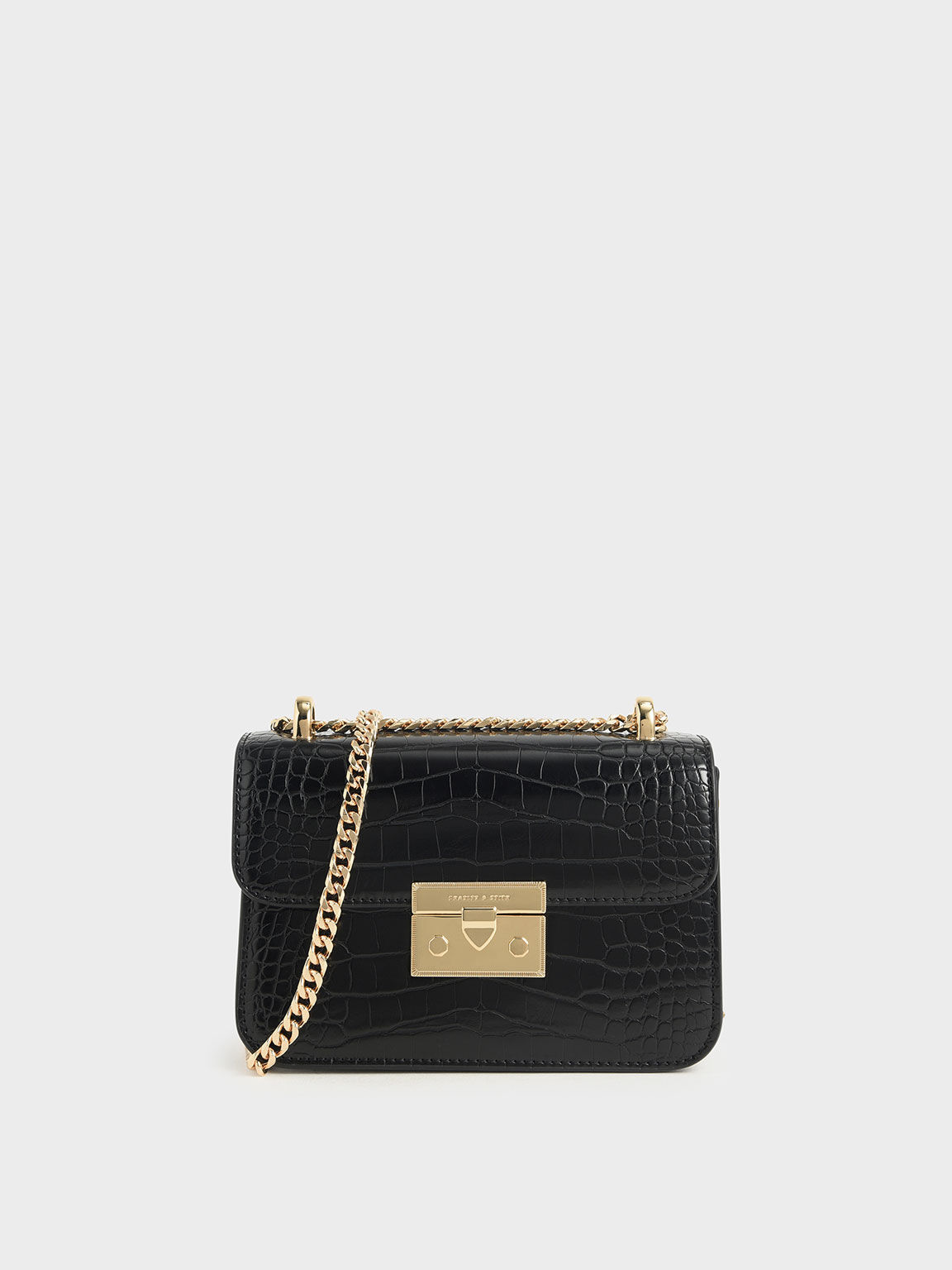 Black Croc-Effect Chain Strap Crossbody Bag - CHARLES & KEITH IN