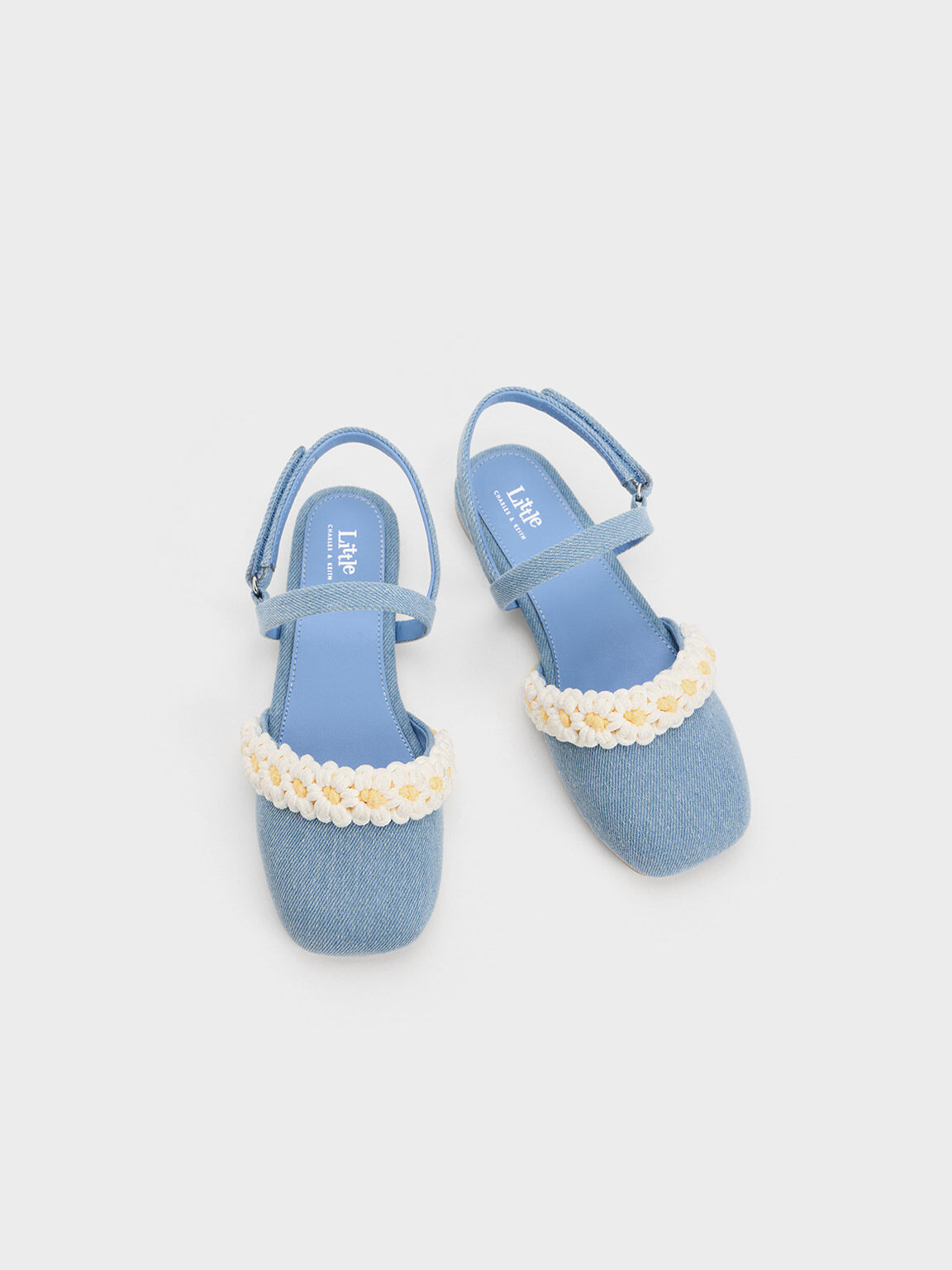 Girls' Floral Crochet Denim Slingback Flats, Light Blue, hi-res