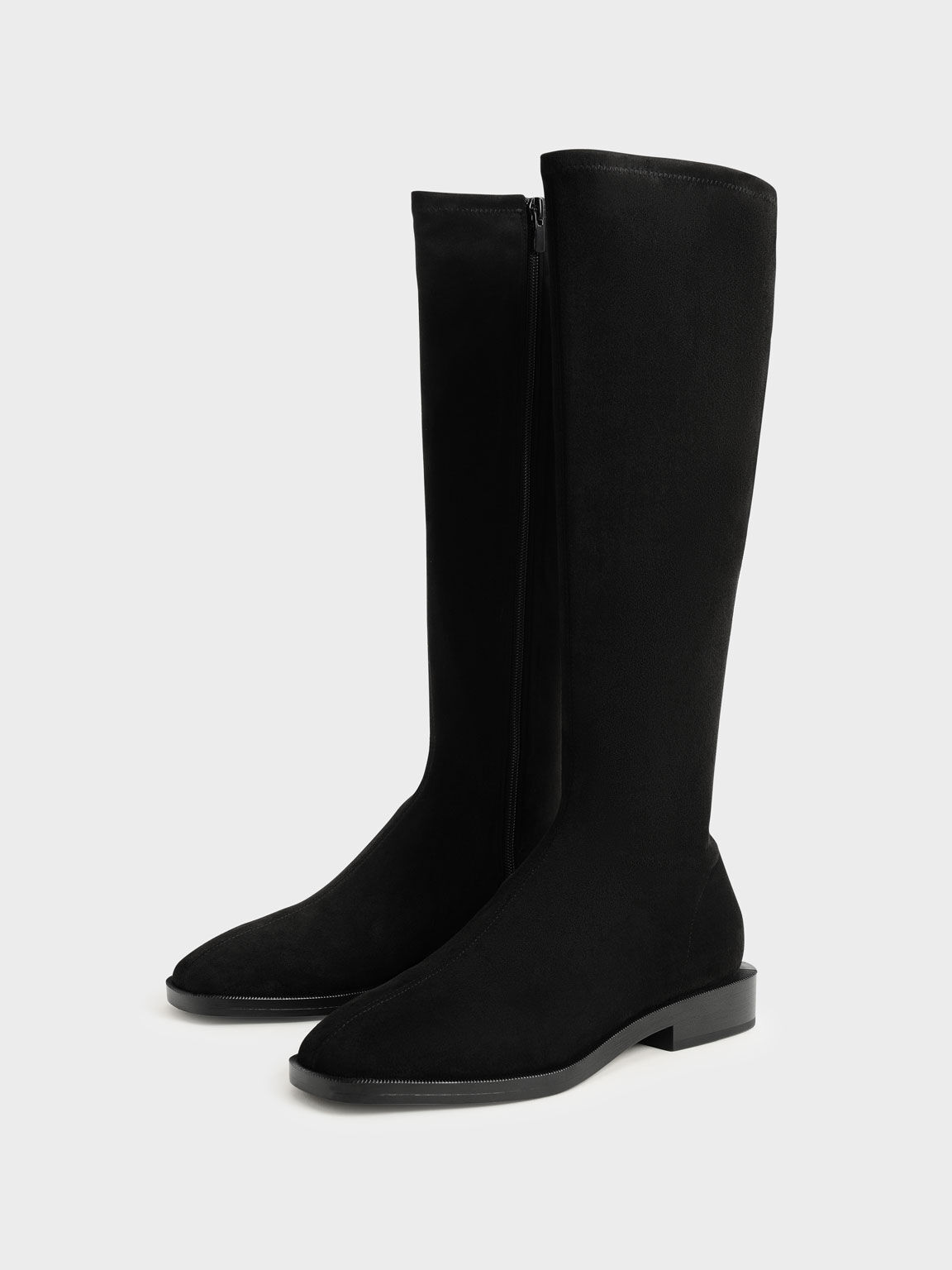 Black Textured Textured Knee High Flat Boots - CHARLES & KEITH US