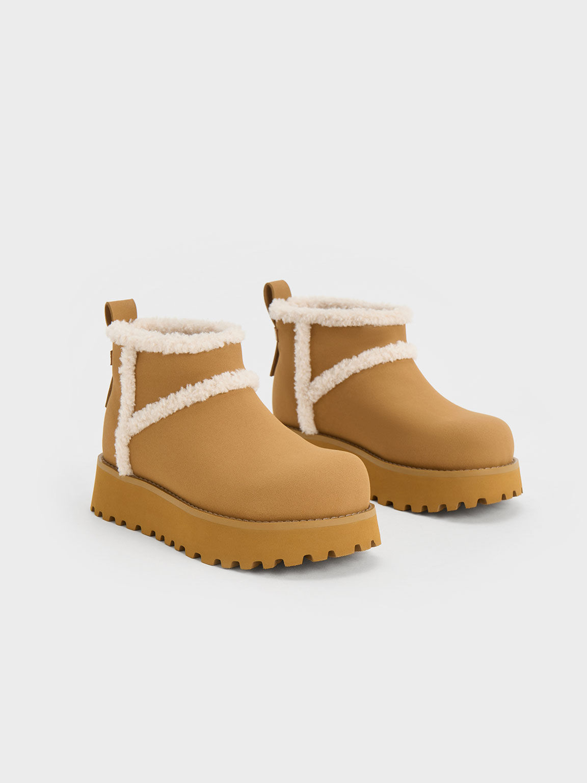 Textured Fur-Trim Flatform Ankle Boots, Khaki, hi-res