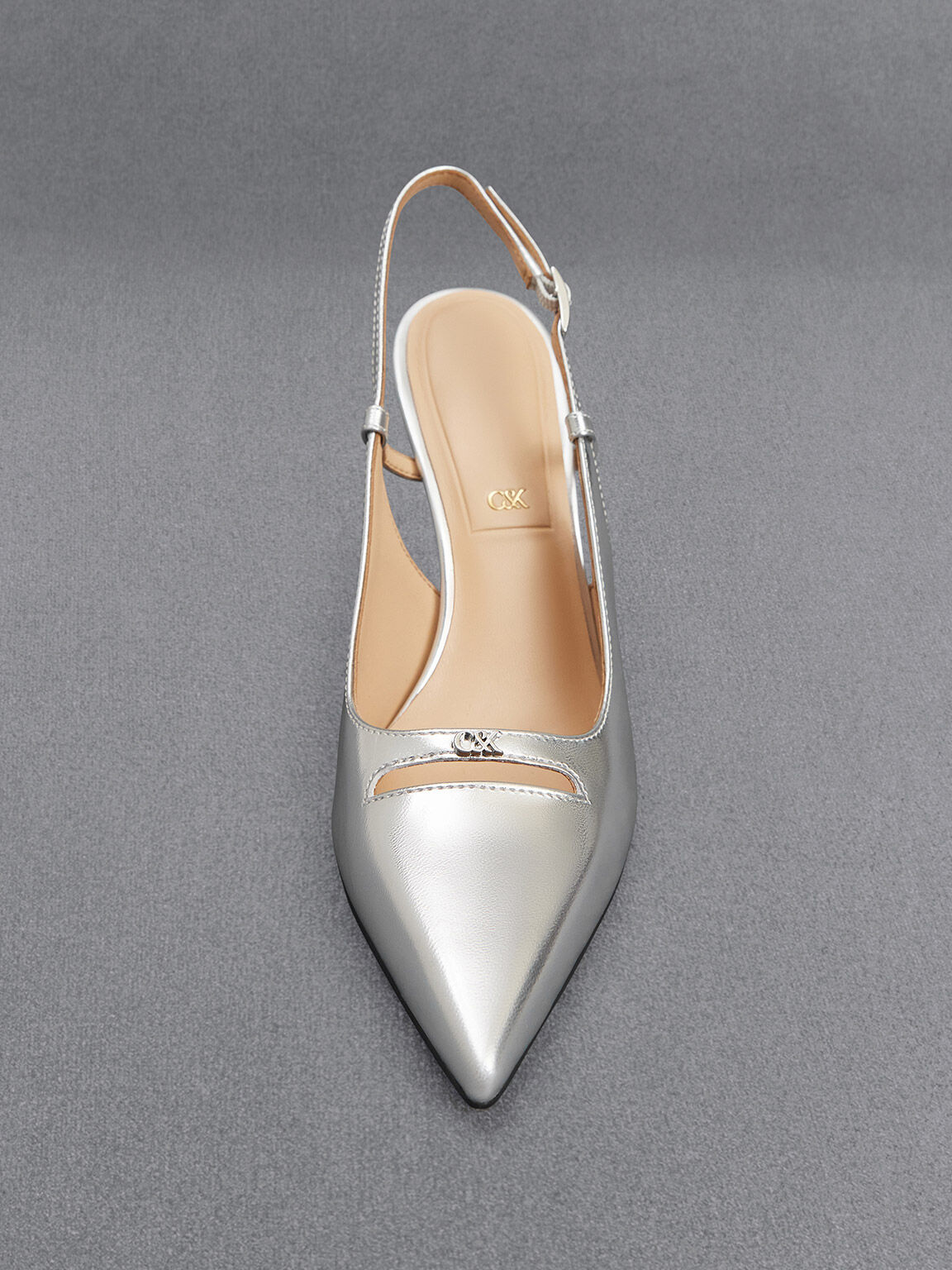 Silver Metallic Leather Pointed-Toe Slingback Pumps - CHARLES 
