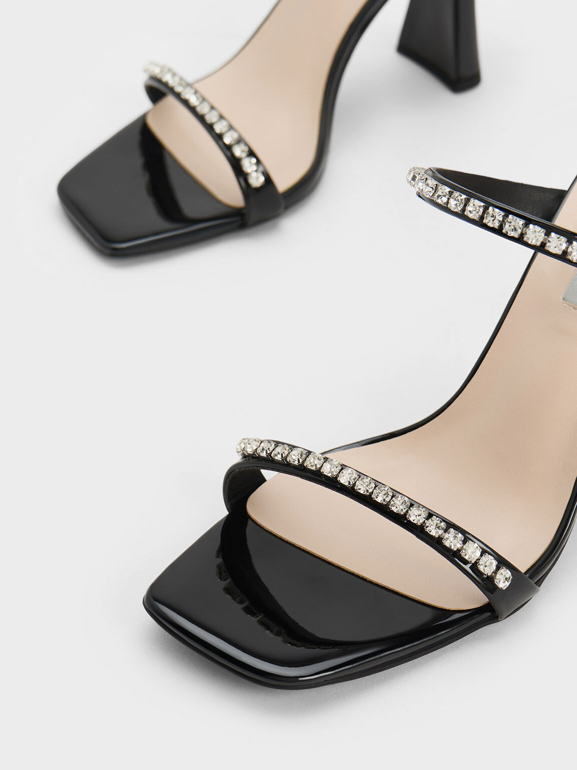 Silver Metallic Gem-Encrusted Heeled Sandals - CHARLES & KEITH IN