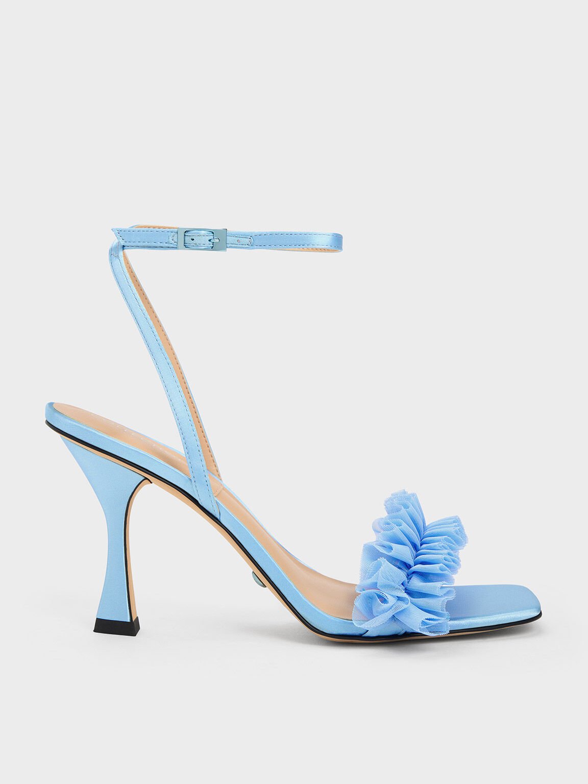 Recycled Polyester Ruffled Mesh Heeled Sandals - Blue