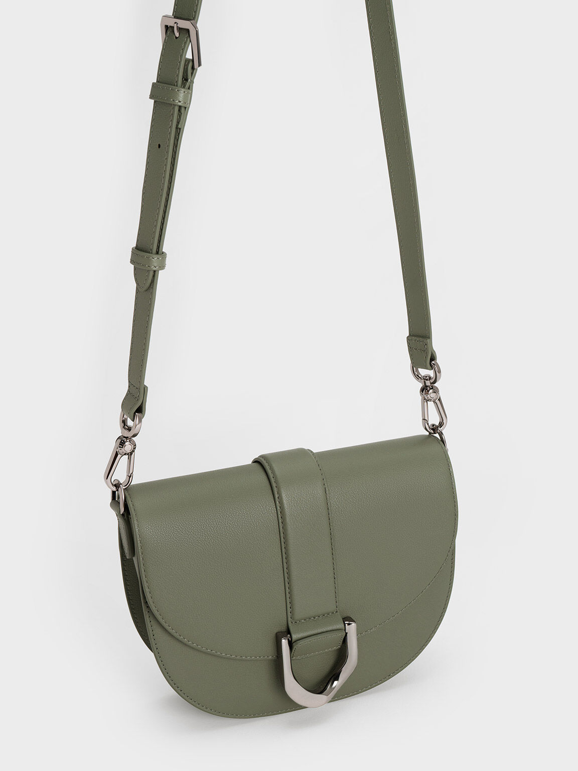 Sage Green Gabine Leather Saddle Bag - CHARLES & KEITH MY
