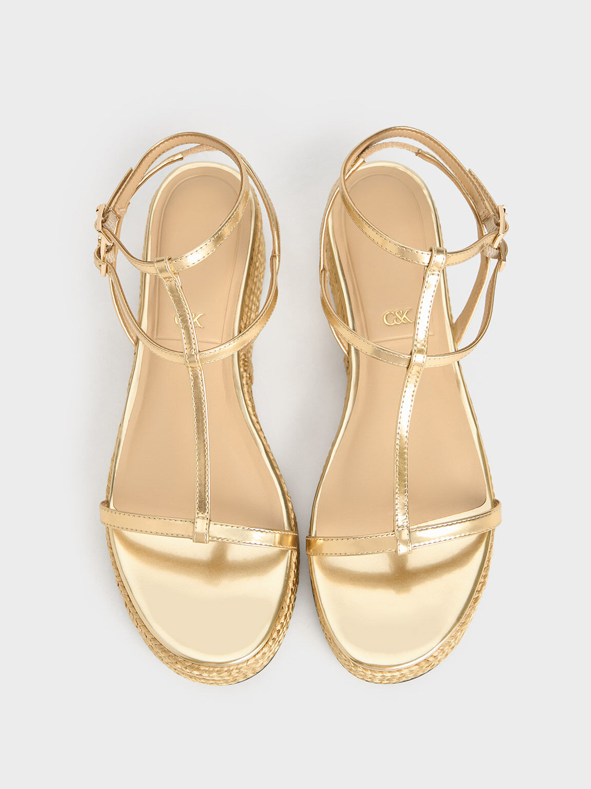 Metallic Leather T-Bar Espadrille Sandals, Gold, hi-res