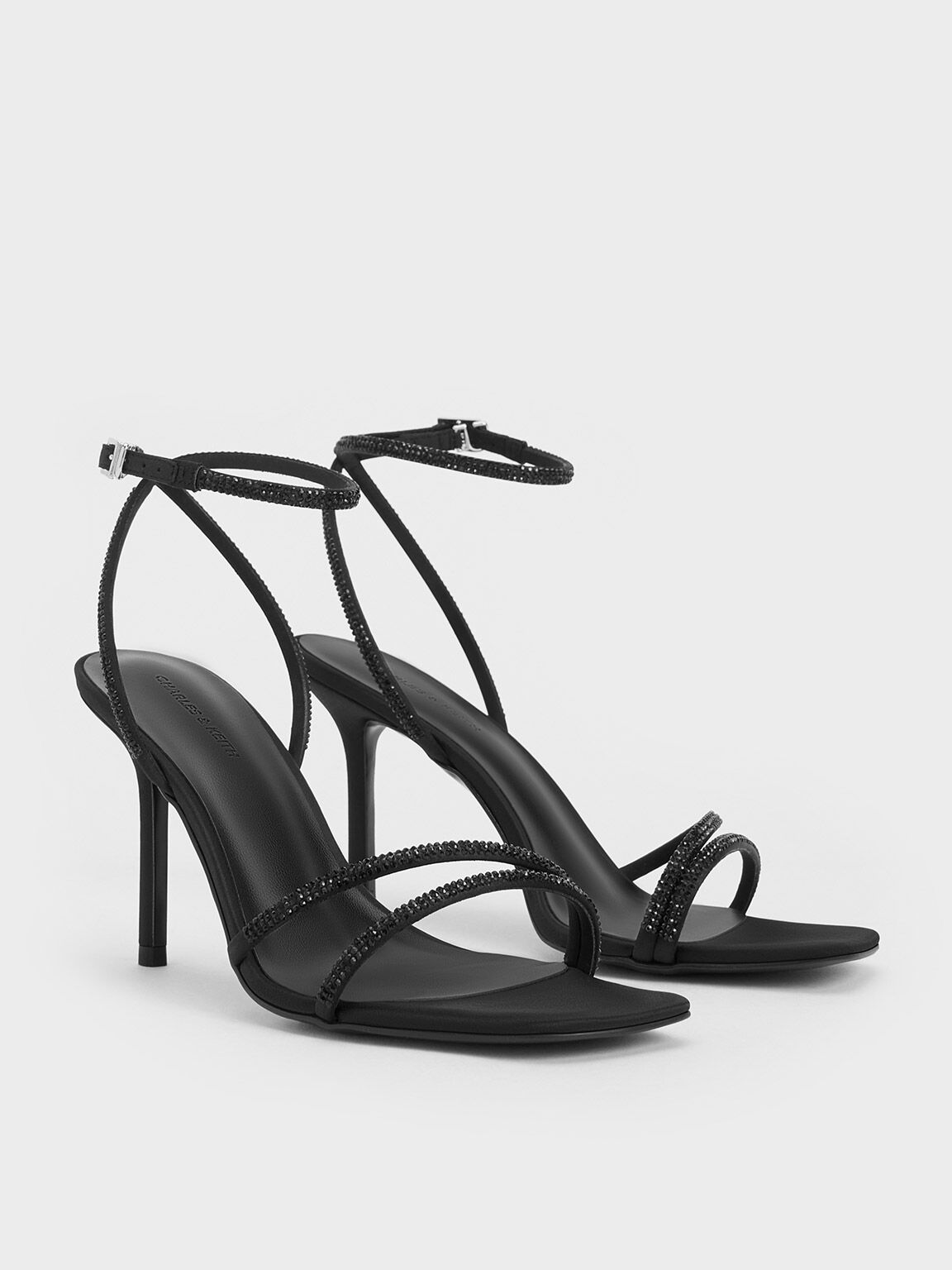 Black Satin Crystal-Embellished Stiletto-Heel Sandals - CHARLES & KEITH US