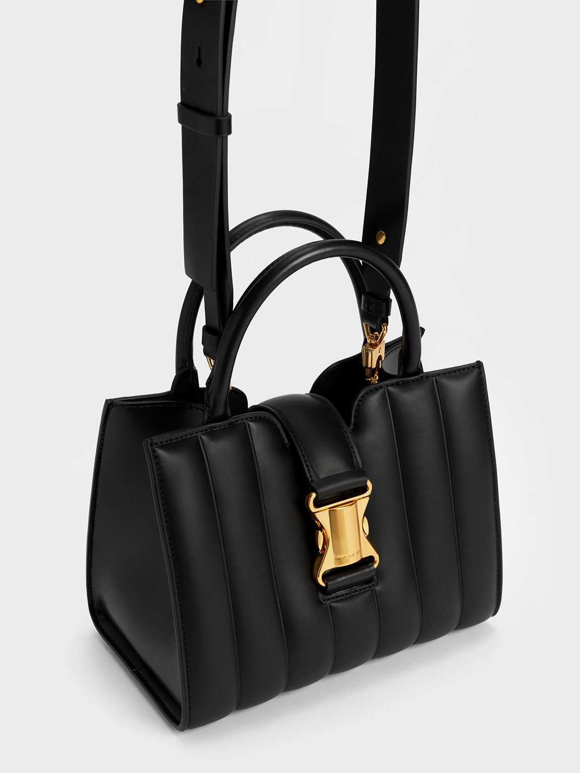 Ivy Panelled Metallic Buckle Tote, Black, hi-res