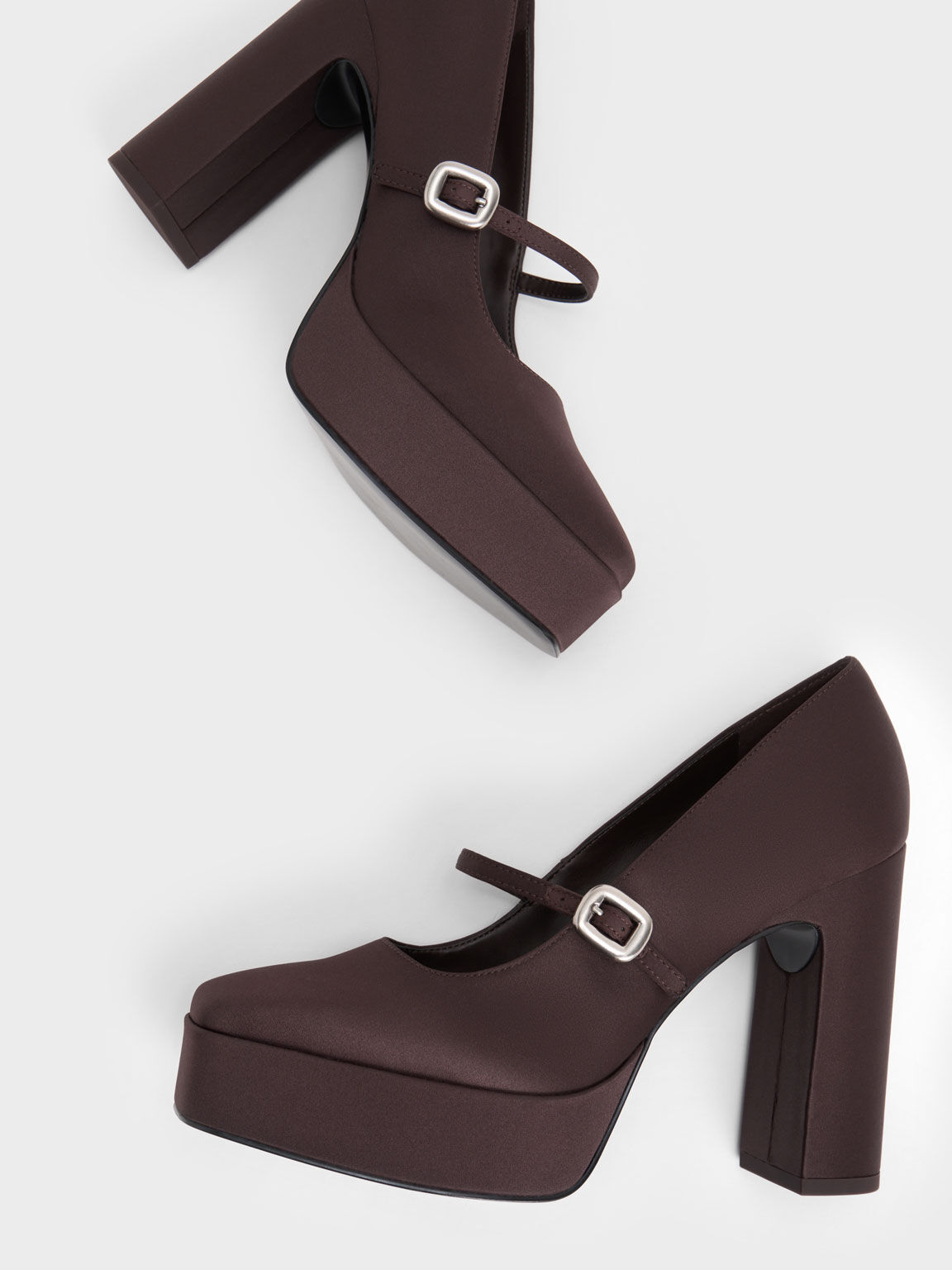 Satin Platform Mary Jane Pumps, Dark Brown, hi-res