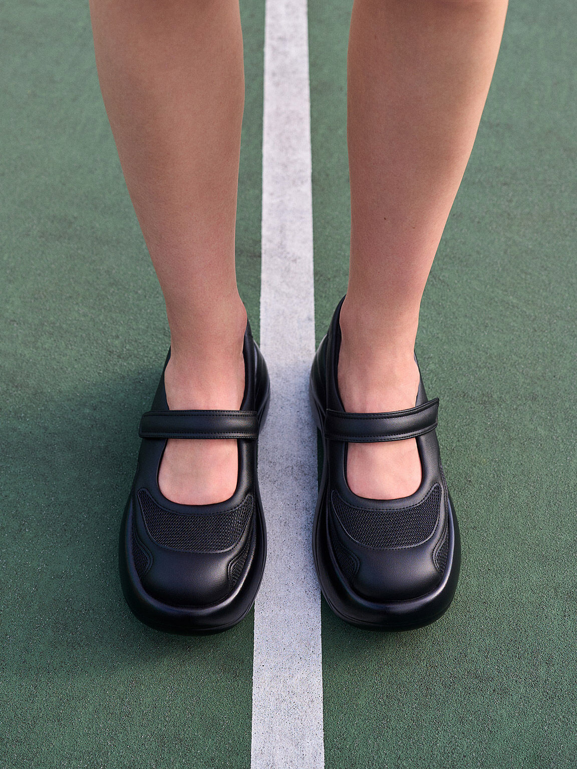 Mesh Curved Platform Mary Jane Sneakers, Black Textured, hi-res