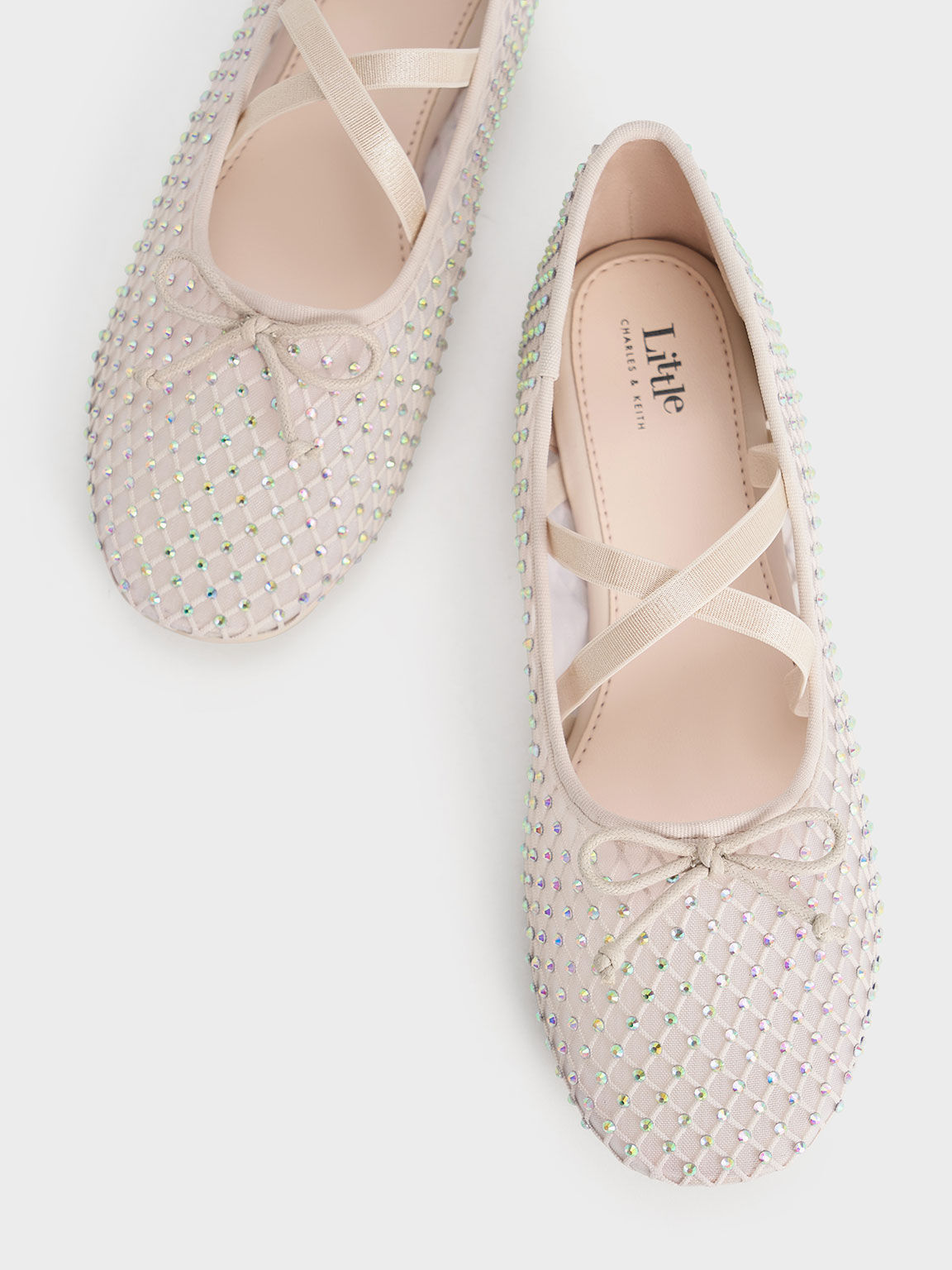 Girls' Mesh Crystal-Embellished Crossover-Strap Ballet Flats - Cream