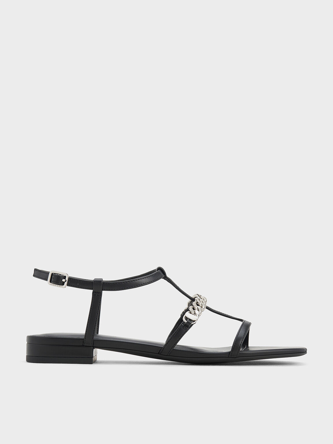 T-Bar Chain-Link Sandals, Black, hi-res