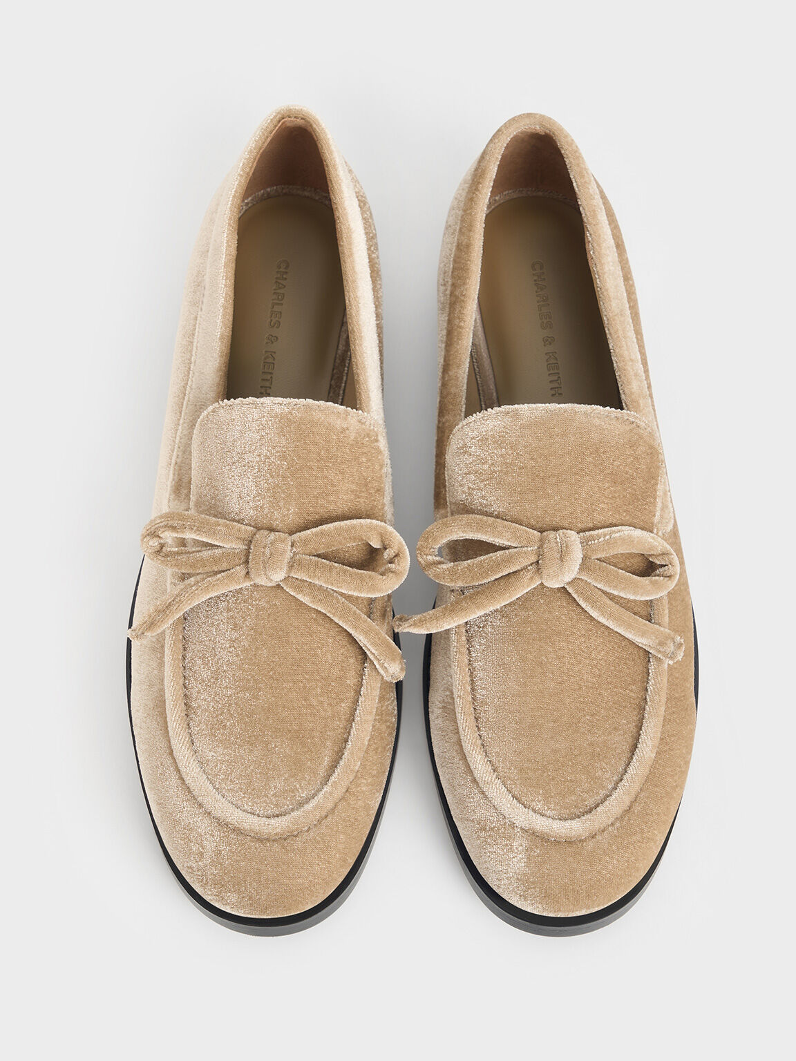 Velvet Bow Loafers, Beige, hi-res