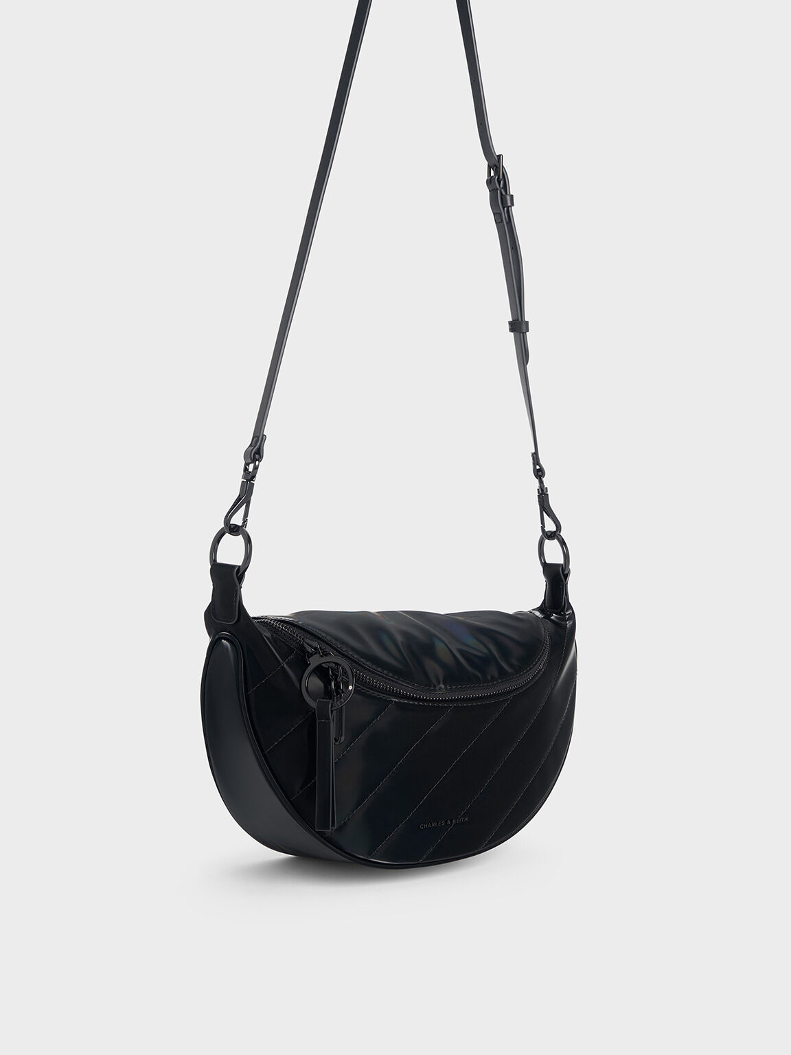 Philomena Shiny Half-Moon Crossbody Bag, Jet Black, hi-res