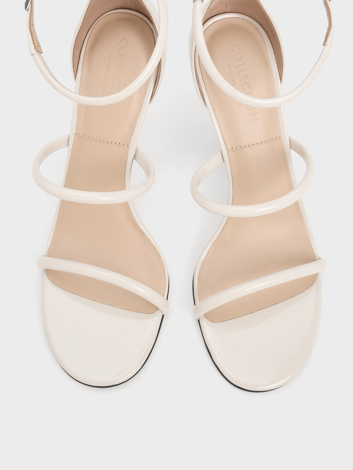 Patent Leather Triple Strap Heeled Sandals, Chalk, hi-res