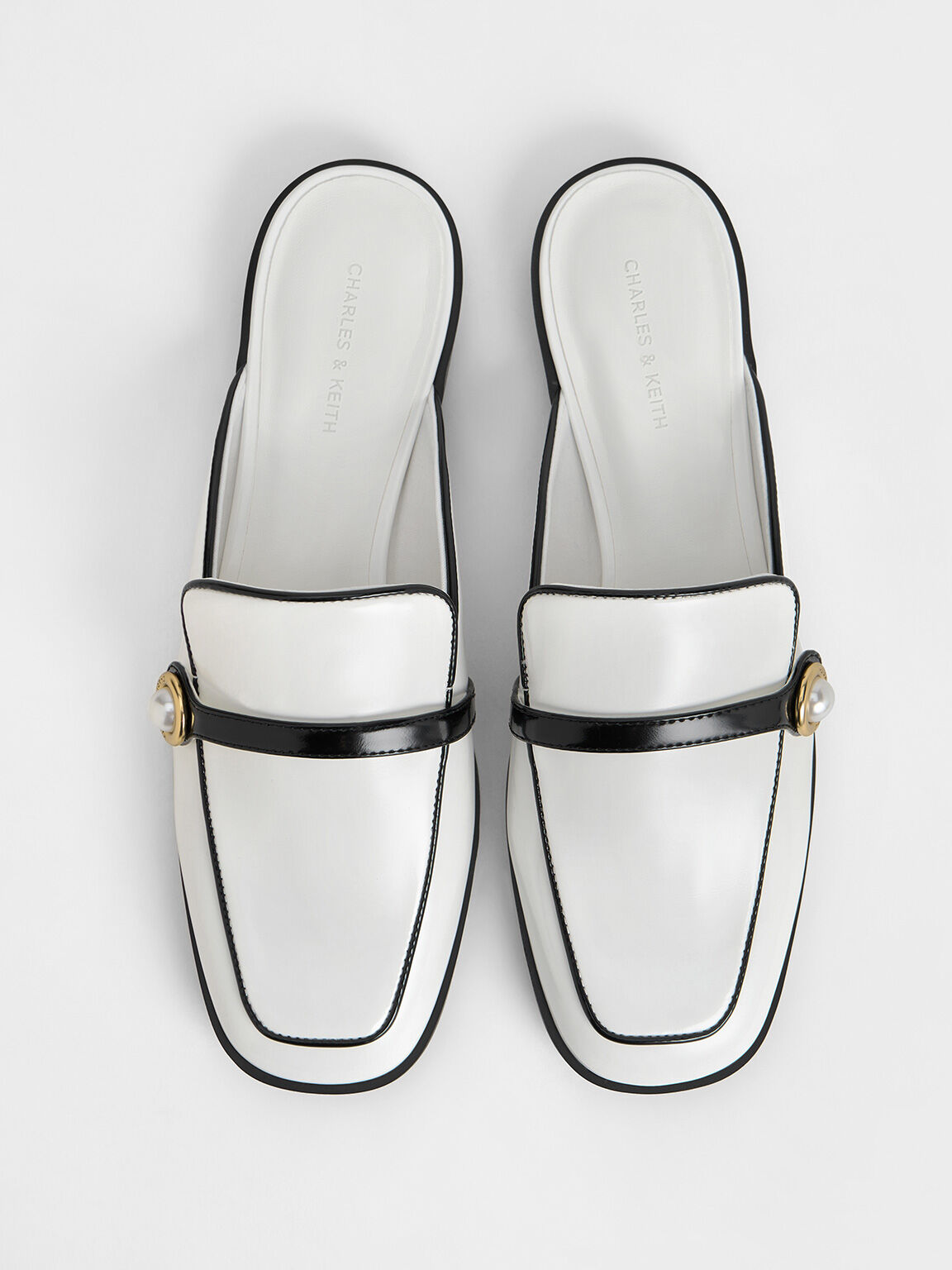 Two-Tone Pearl-Embellished Loafer Mules, White, hi-res