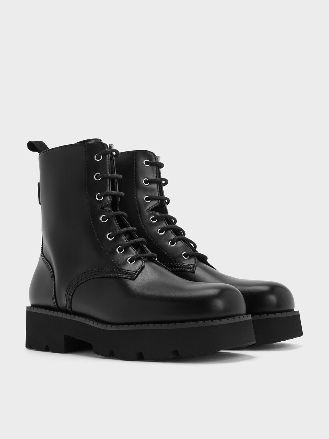 Ridged-Sole Lace-Up Combat Boots, Black, hi-res