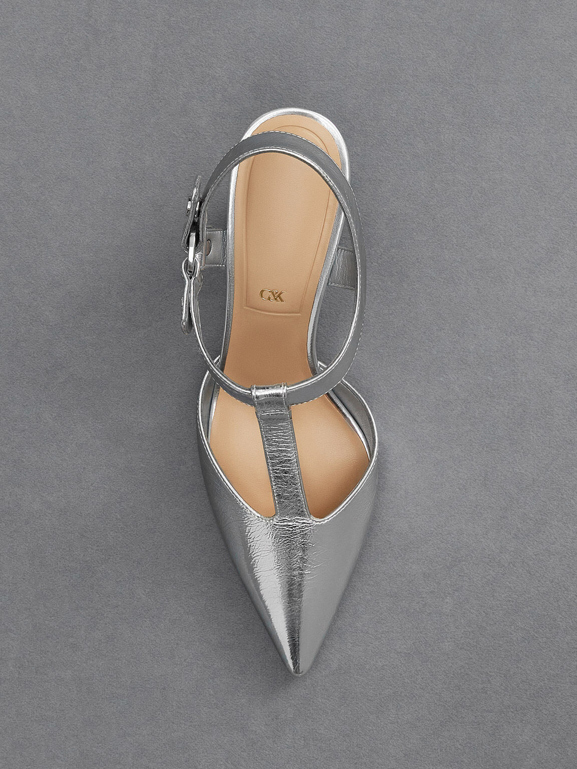 Silver Leather Metallic Buckled T-Bar Pumps - CHARLES & KEITH 